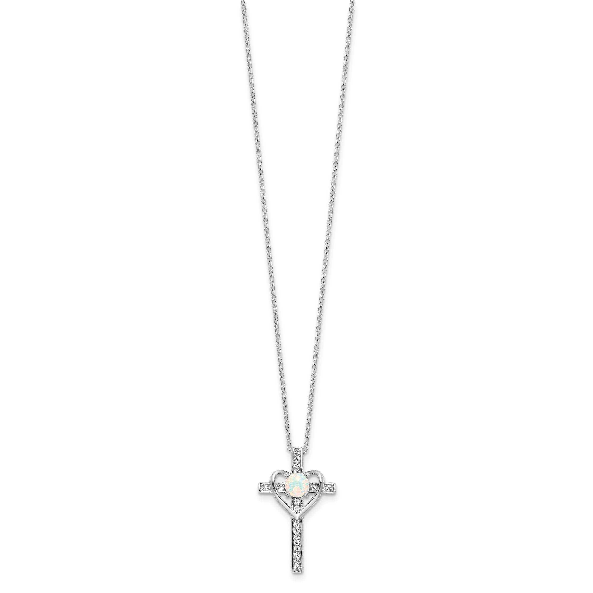 Sterling Silver RH-plated Created Opal and CZ Cross With Heart 18in Necklace