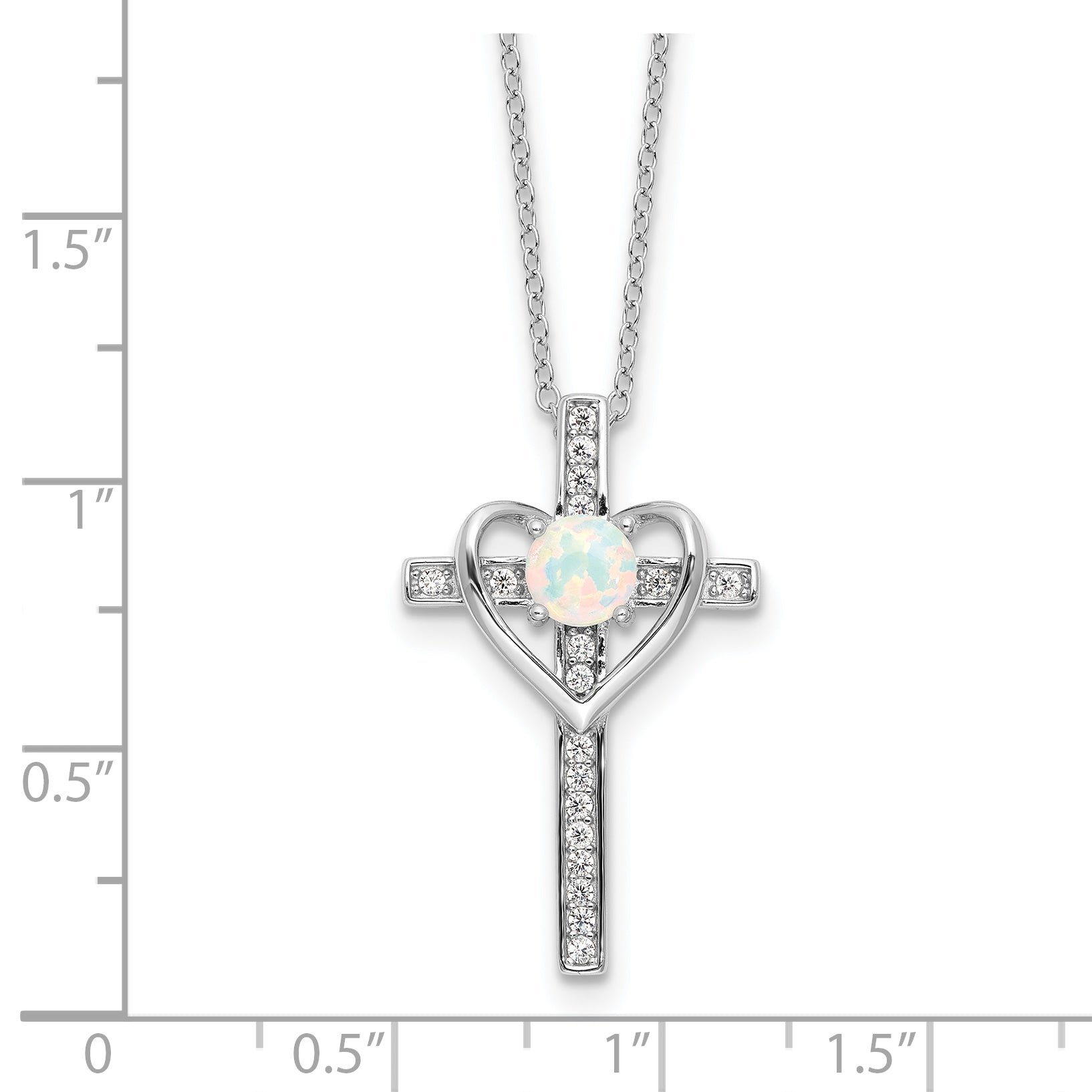 Sterling Silver RH-plated Created Opal and CZ Cross With Heart 18in Necklace