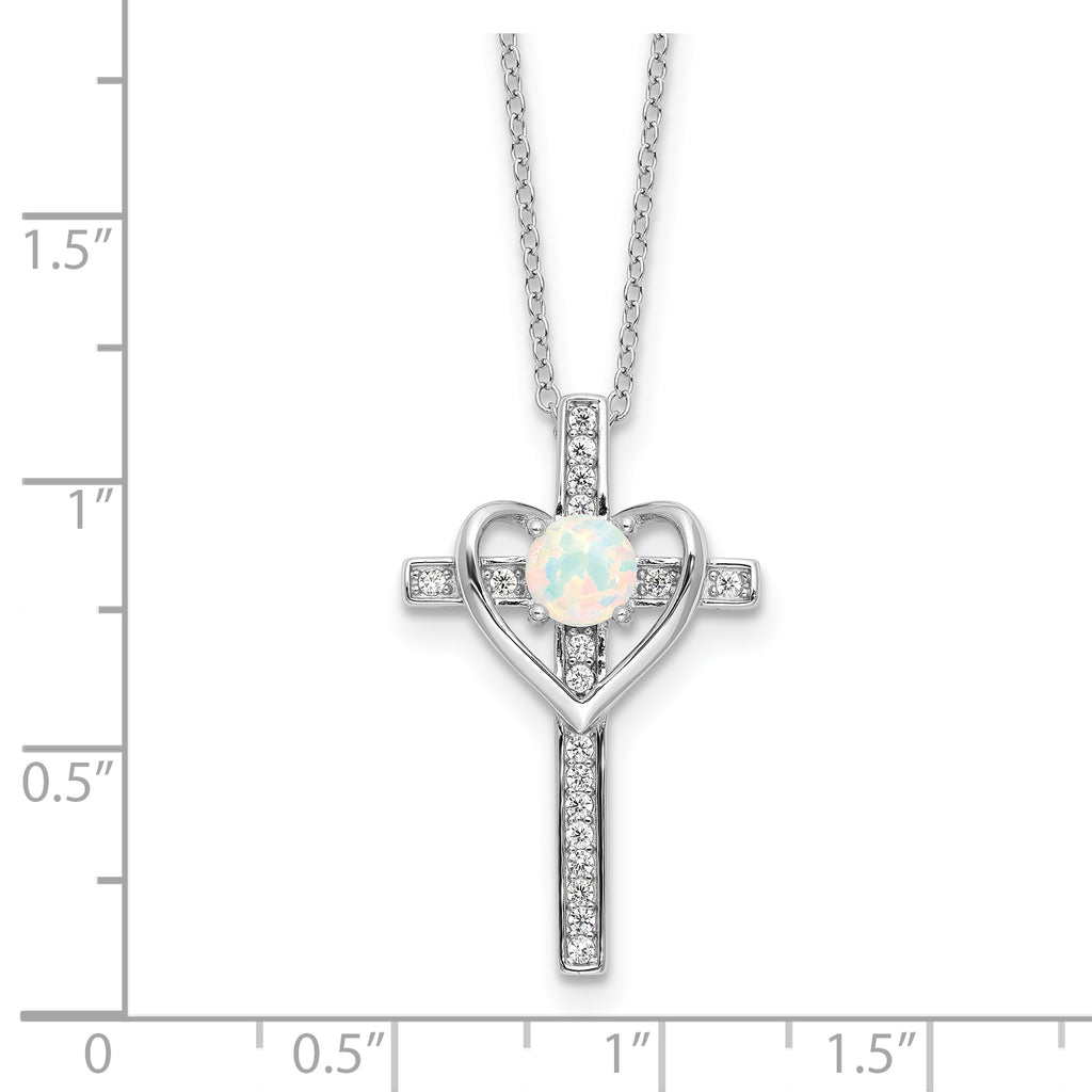Sterling Silver RH-plated Created Opal and CZ Cross With Heart 18in Necklace