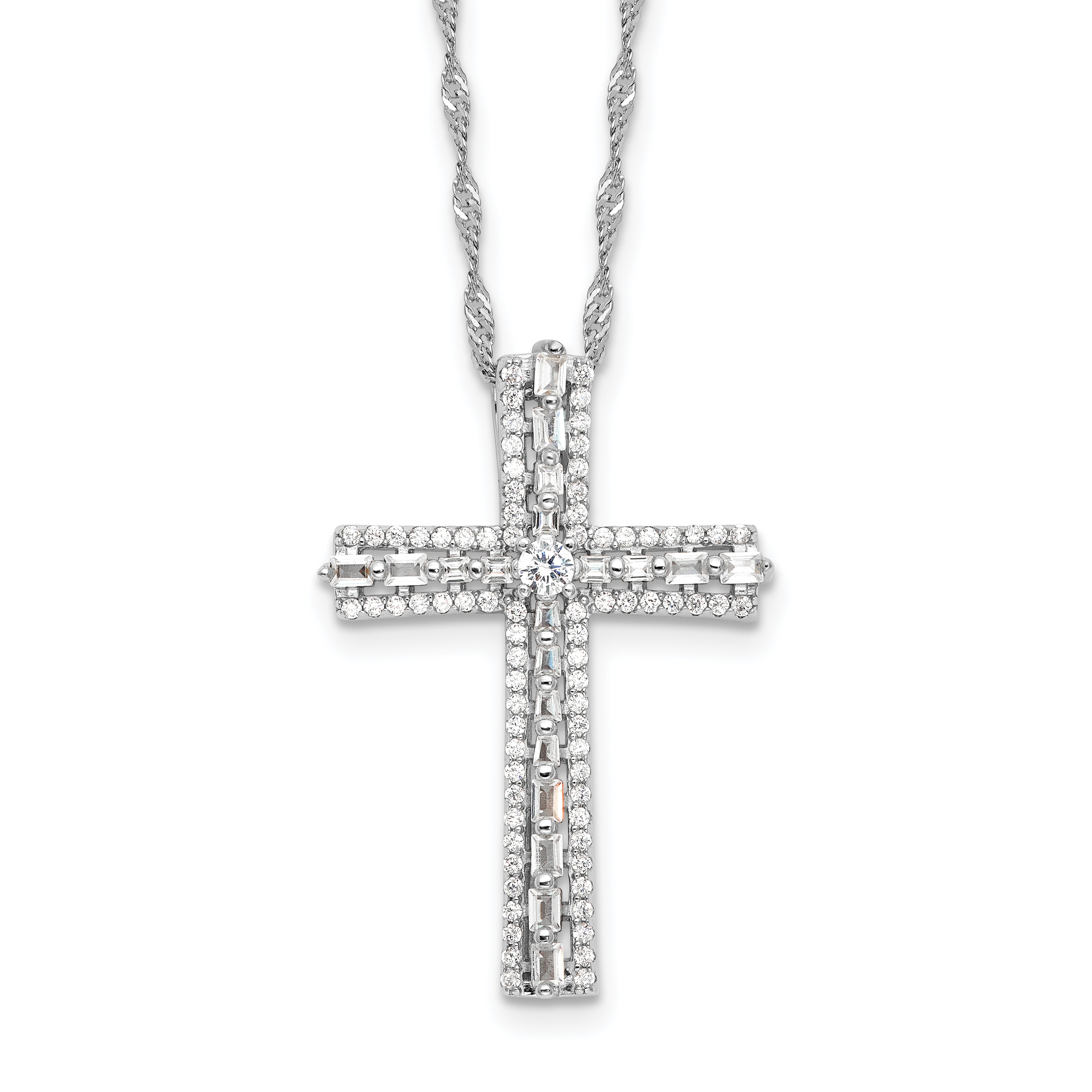 Sterling Silver Rhodium-Rhodium-Plated CZ Cross 18in With 2 Inch Extention. Necklace