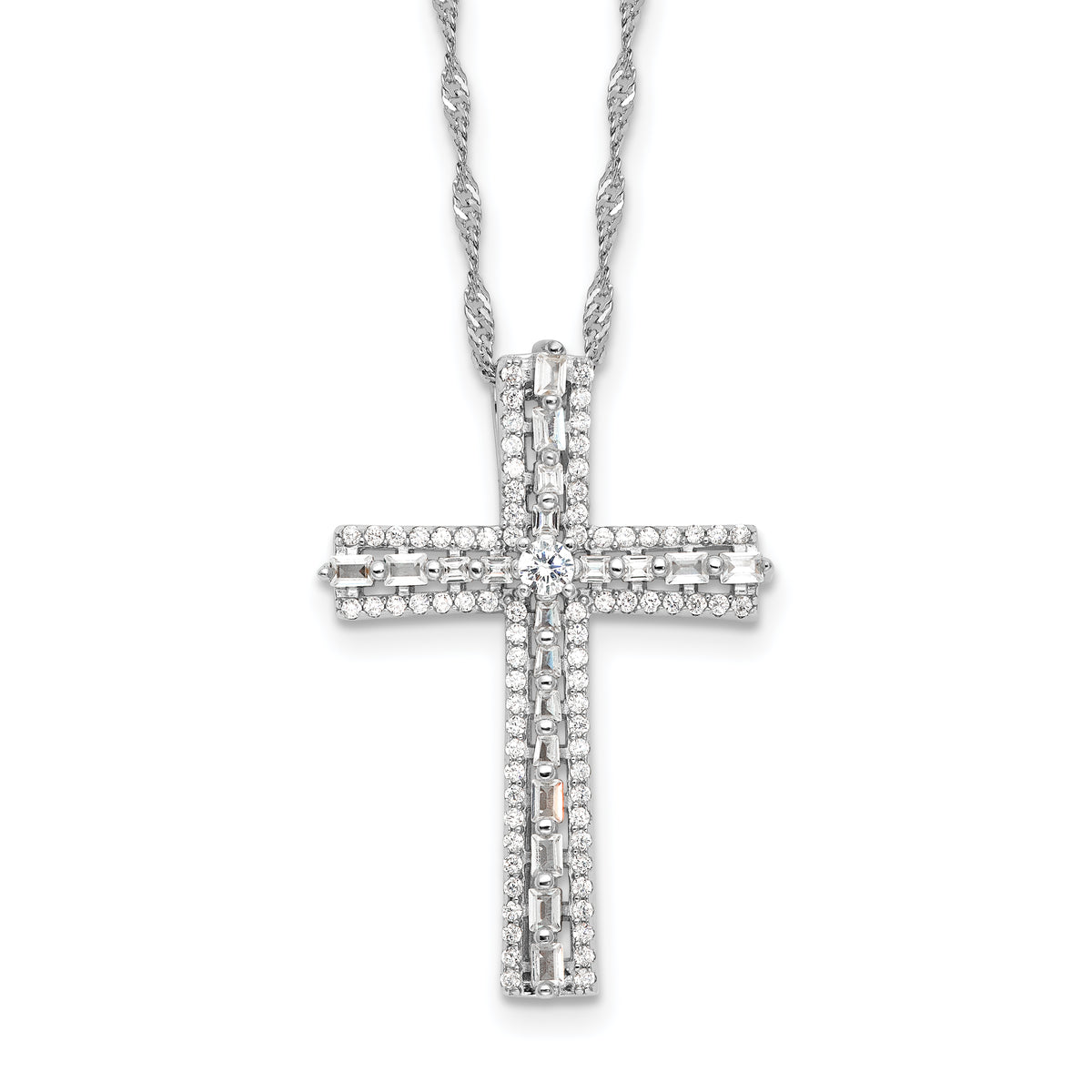 Sterling Silver Rhodium-Rhodium-Plated CZ Cross 18in With 2 Inch Extention. Necklace