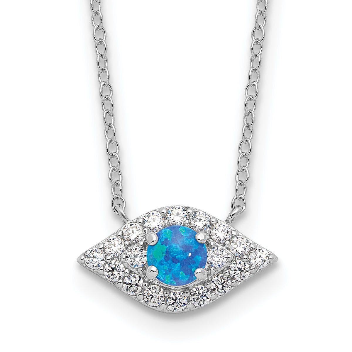 Sterling Silver Rhodium-Rhodium-Plated CZ Blue Cr. Opal Evil Eye With 2 Inch Extention Necklace