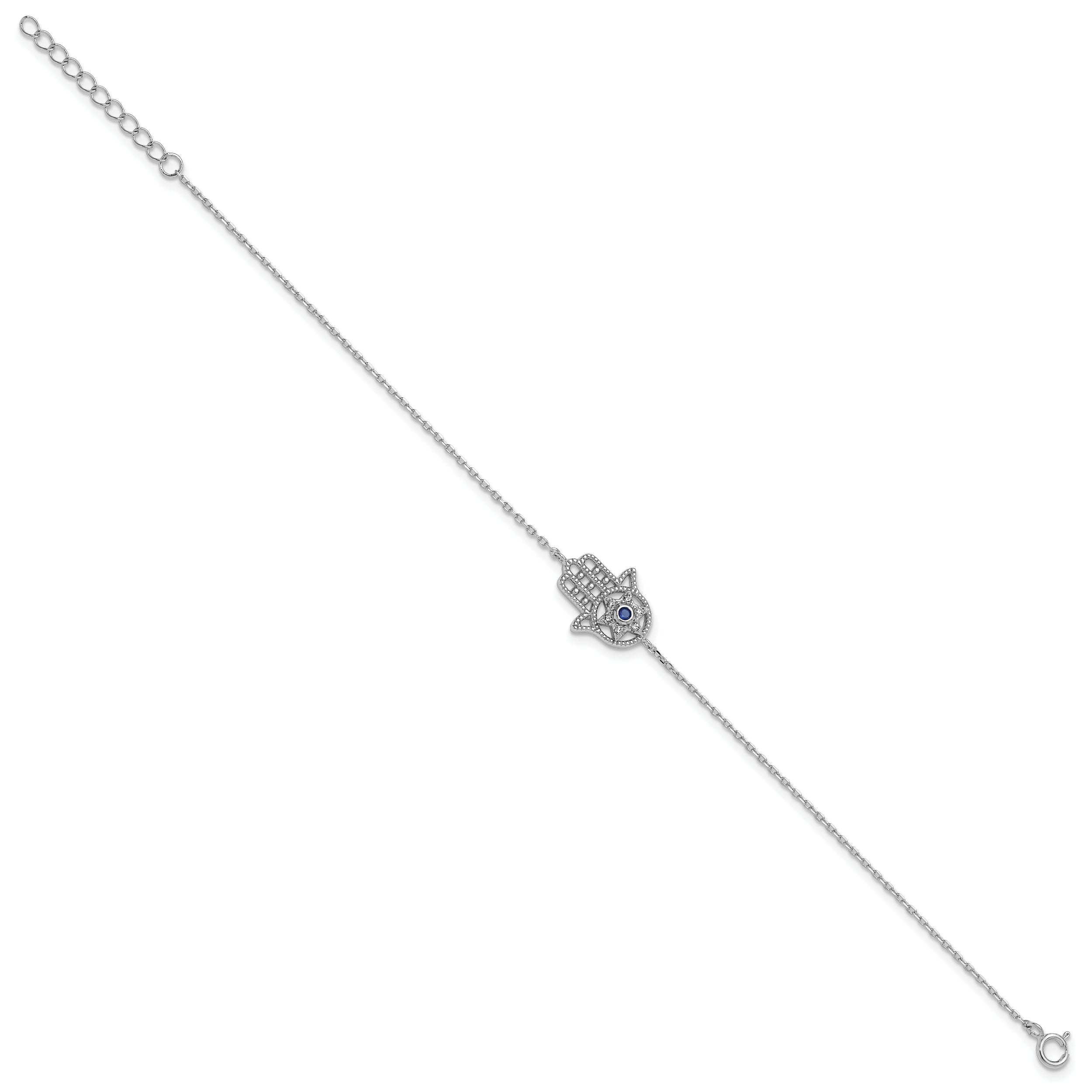 Sterling Silver RH-plate Cr.Blue Spinel and CZ Hamsa Bracelet/Necklace Set
