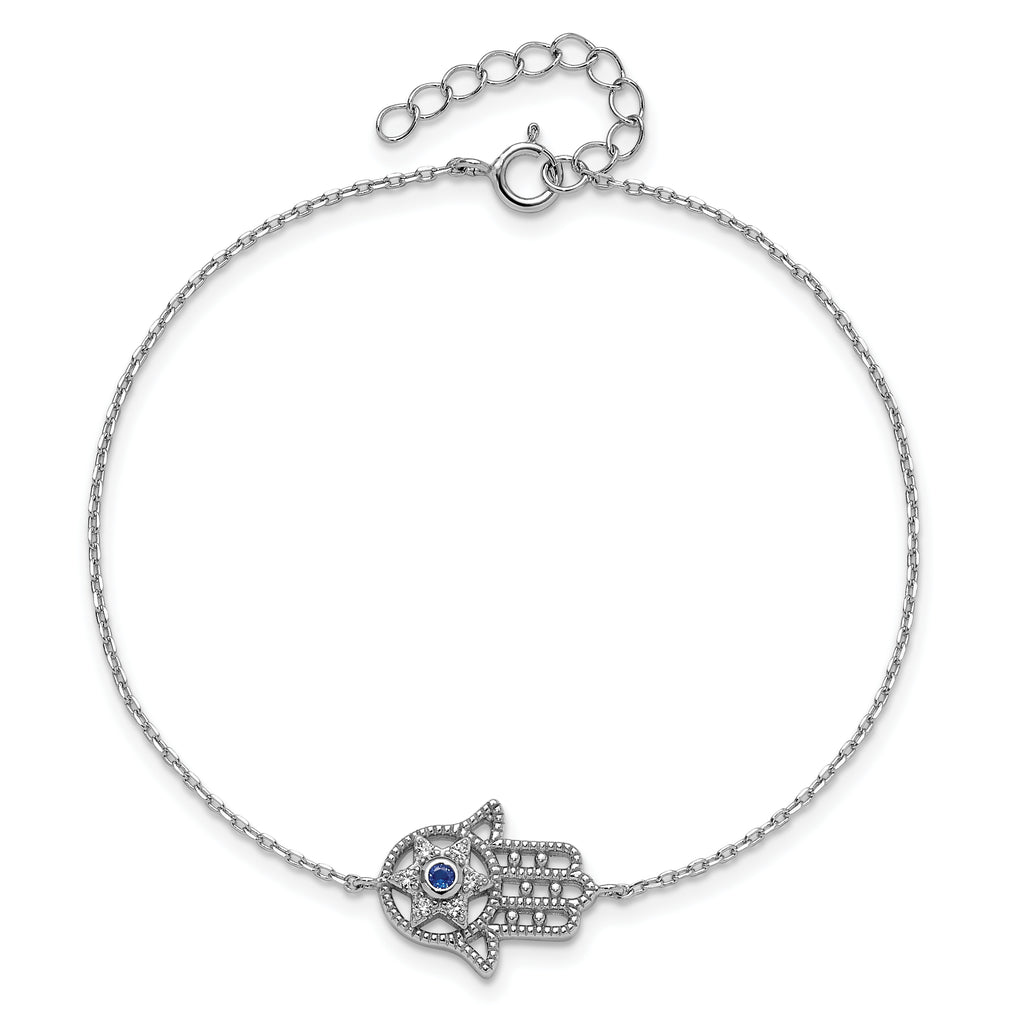 Sterling Silver RH-plate Cr.Blue Spinel and CZ Hamsa Bracelet/Necklace Set