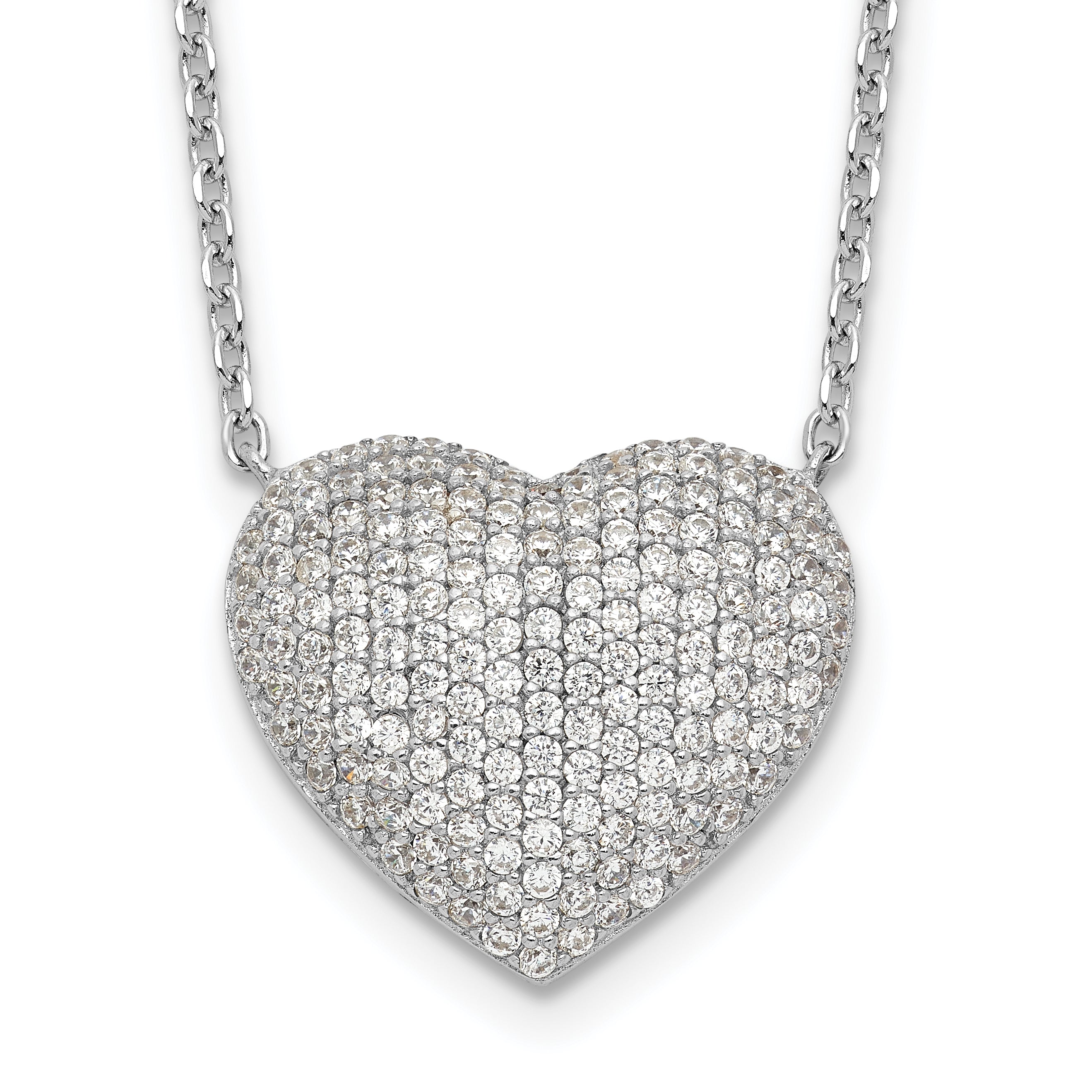 Sterling Silver Rhodium-Rhodium-Plated Pave CZ Heart Necklace