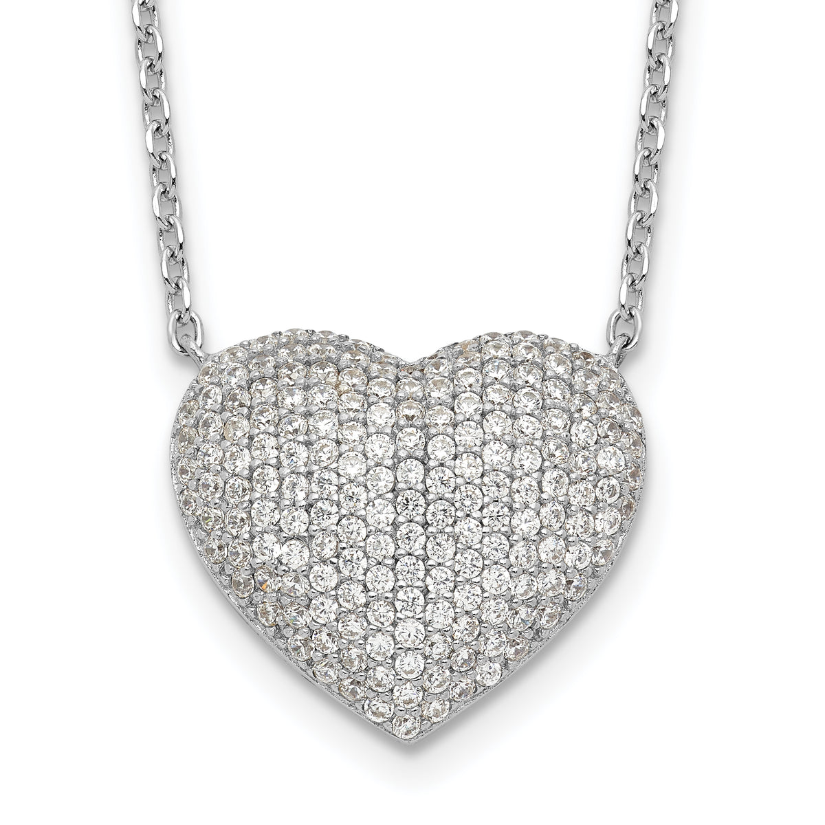 Sterling Silver Rhodium-Rhodium-Plated Pave CZ Heart Necklace