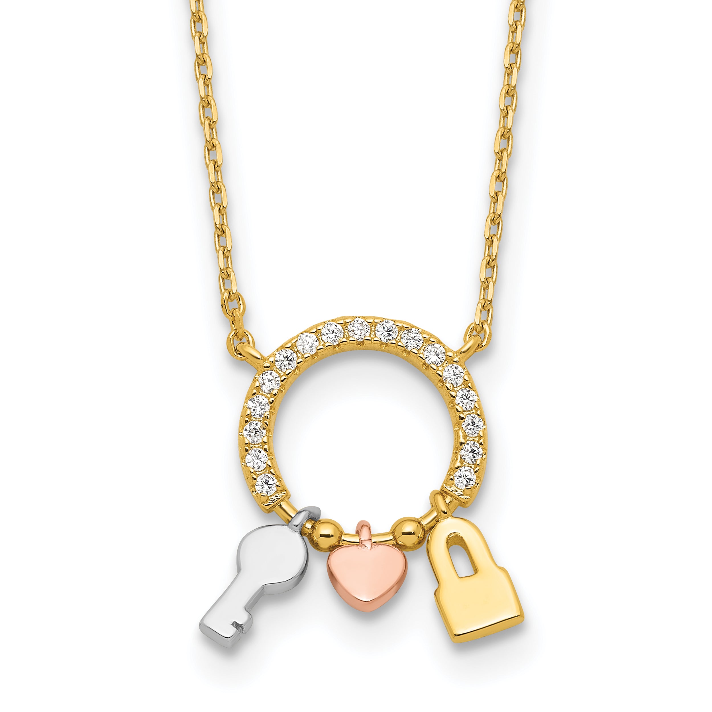 Sterling Silver Rhodium-Platedod-plated Gold/Rose-tone CZ Key/Lock/Heart With 2 Inch Extention Neck Main image