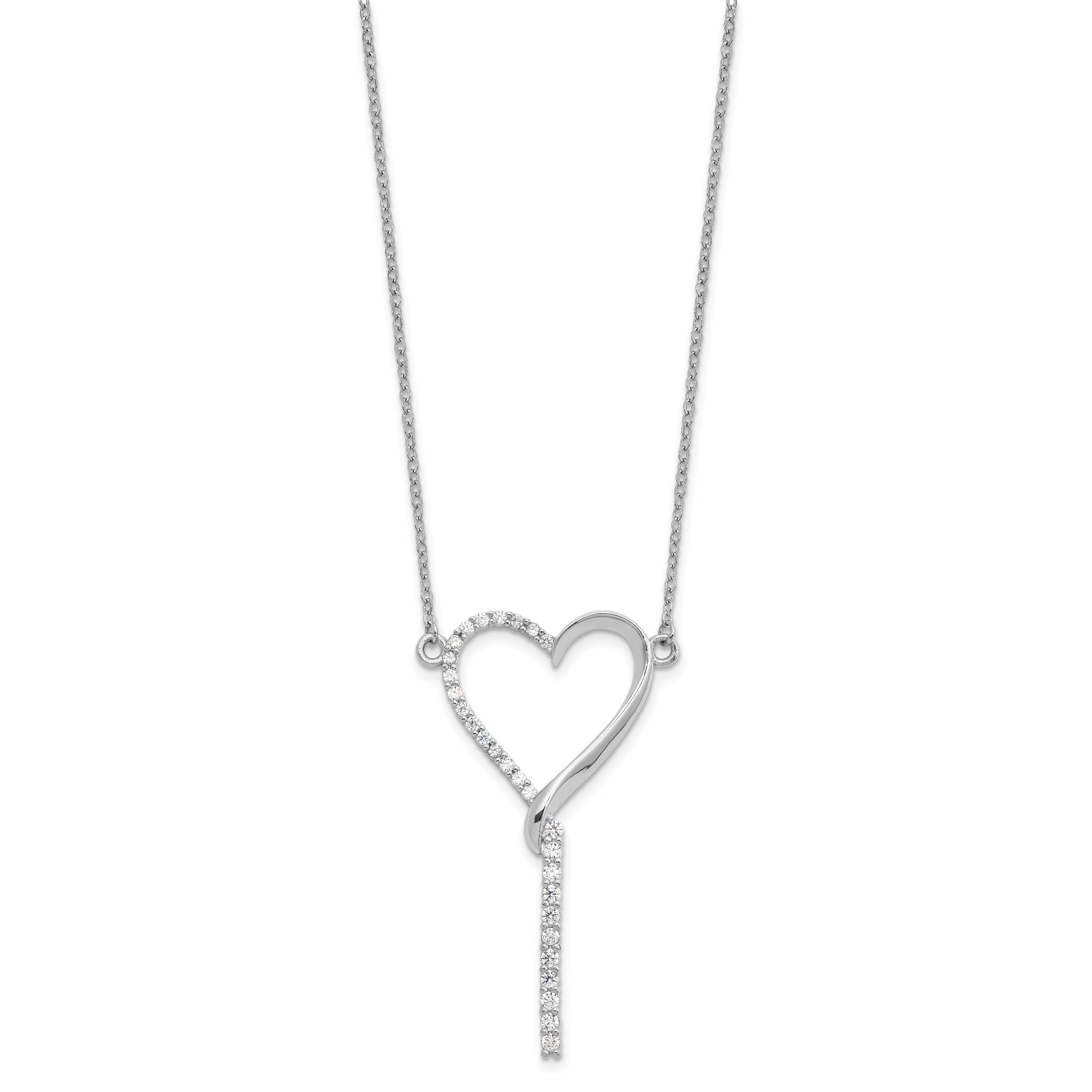 Sterling Silver Rh-plated Polished CZ Dangle Heart w/ 2.25in ext. Necklace Secondary image