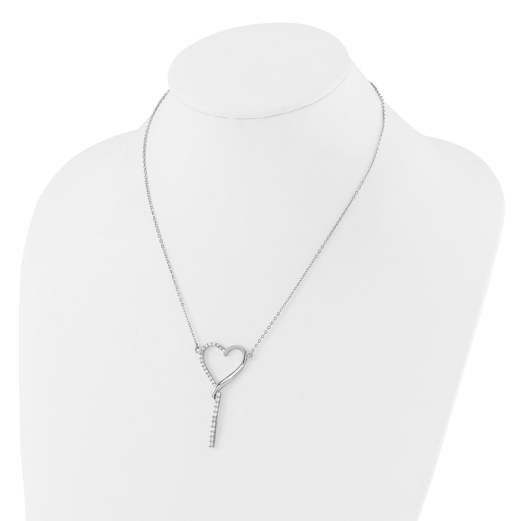 Sterling Silver Rh-plated Polished CZ Dangle Heart w/ 2.25in ext. Necklace