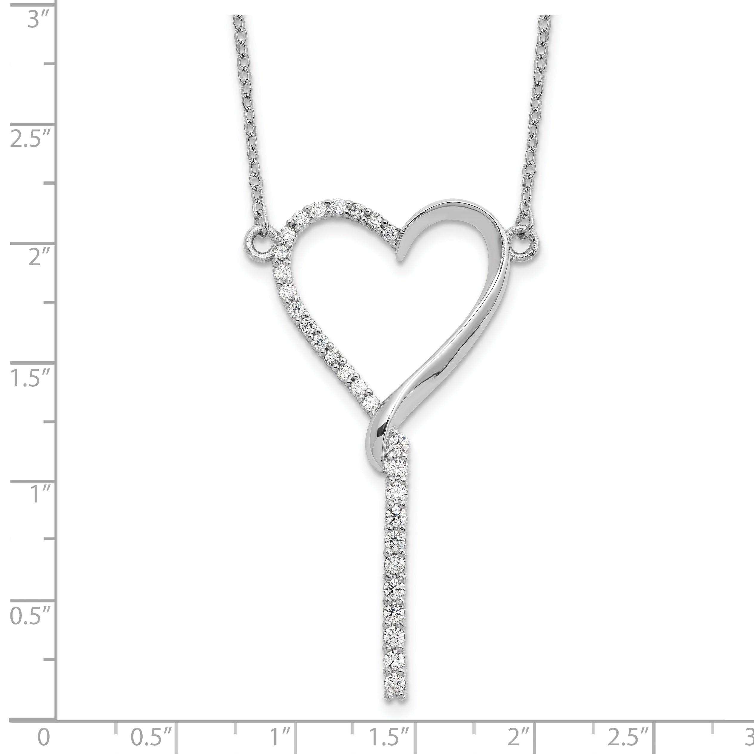 Sterling Silver Rh-plated Polished CZ Dangle Heart w/ 2.25in ext. Necklace
