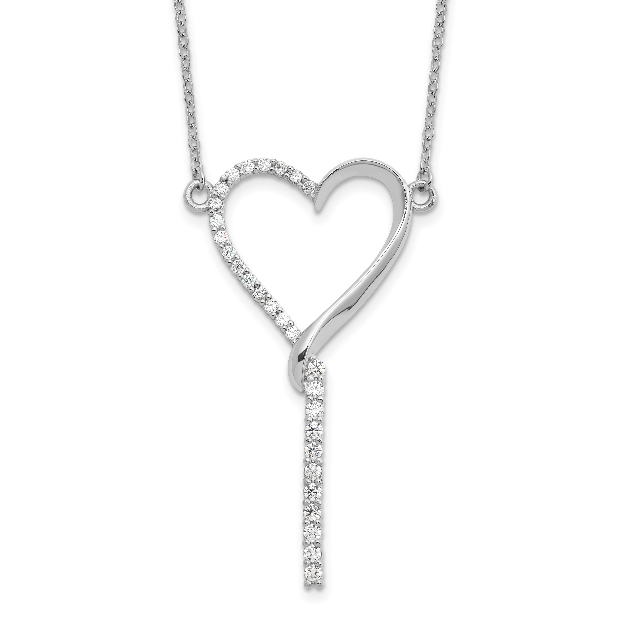 Sterling Silver Rh-plated Polished CZ Dangle Heart w/ 2.25in ext. Necklace Main image
