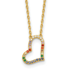 Sterling Silver Gold-tone CZ Glass Heart With 2 Inch Extention Necklace