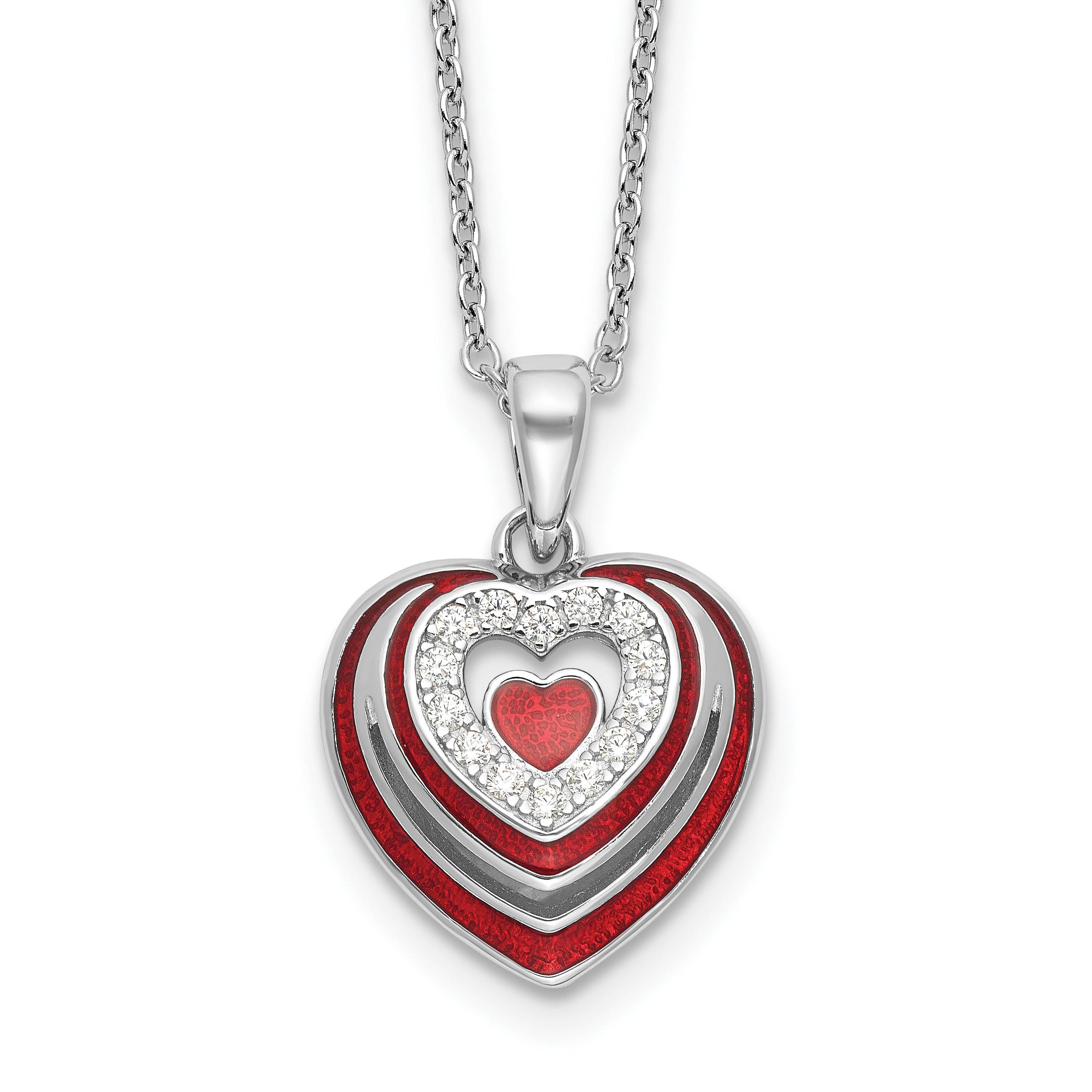 Sterling SilverRhodium-Rhodium-Plated CZ and Red Enamel Heart w 1/in. ext Necklace