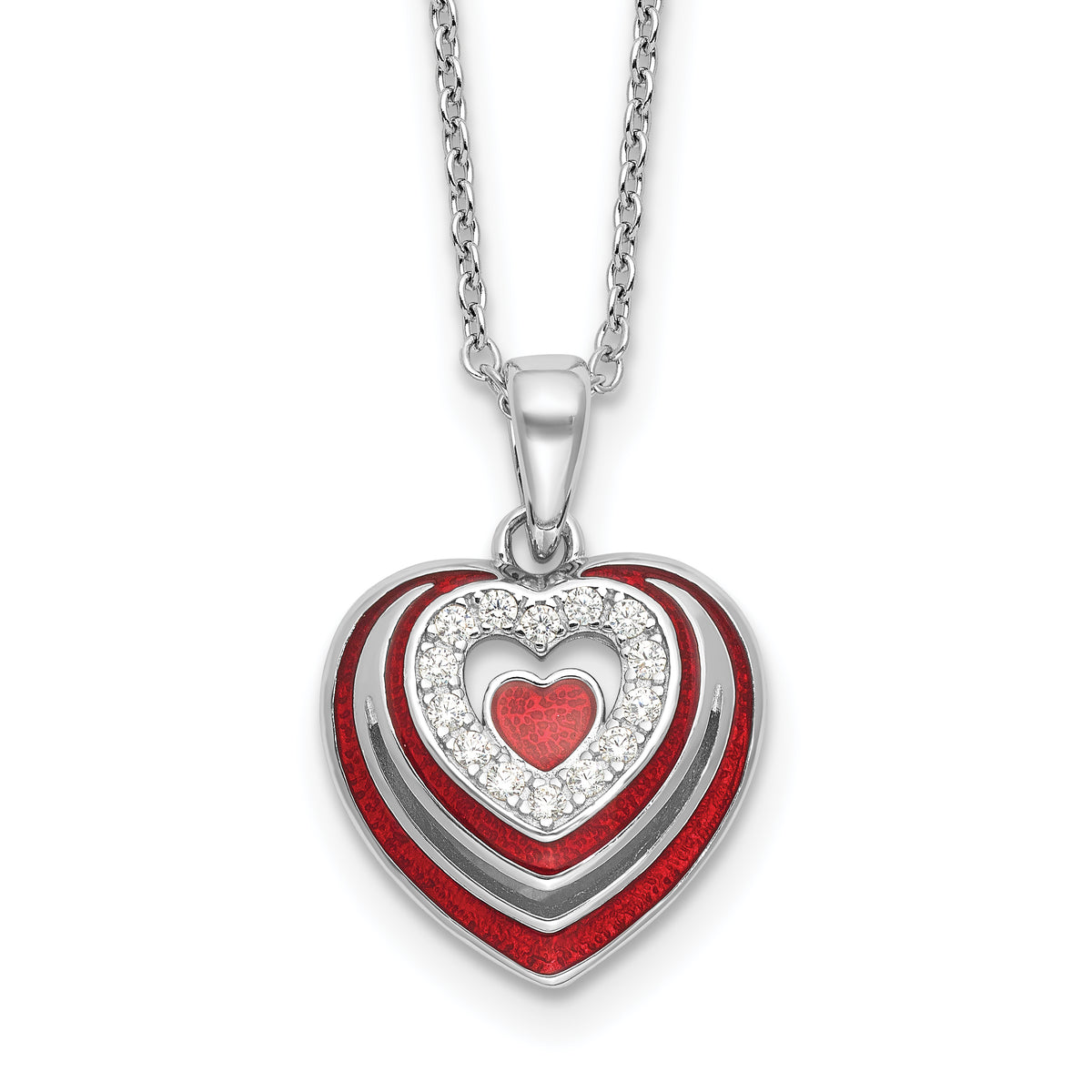 Sterling SilverRhodium-Rhodium-Plated CZ and Red Enamel Heart w 1/in. ext Necklace