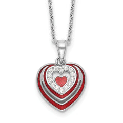 Sterling SilverRhodium-Rhodium-Plated CZ and Red Enamel Heart w 1/in. ext Necklace