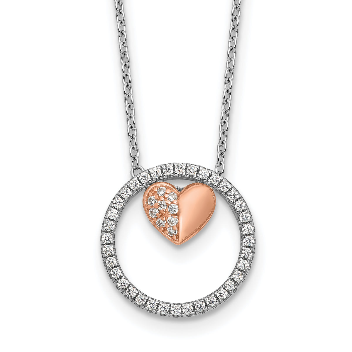Sterling SilverRhodium-Rhodium-Plated Rose-tone CZ Heart  w/1in ext Necklace