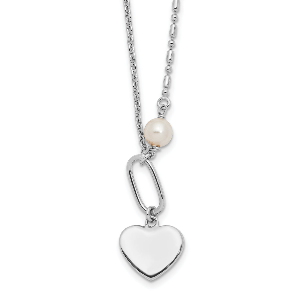 Sterling Silver Rhodium-Rhodium-Plated Glass Pearl/Heart 16in w/2 in ext Necklace