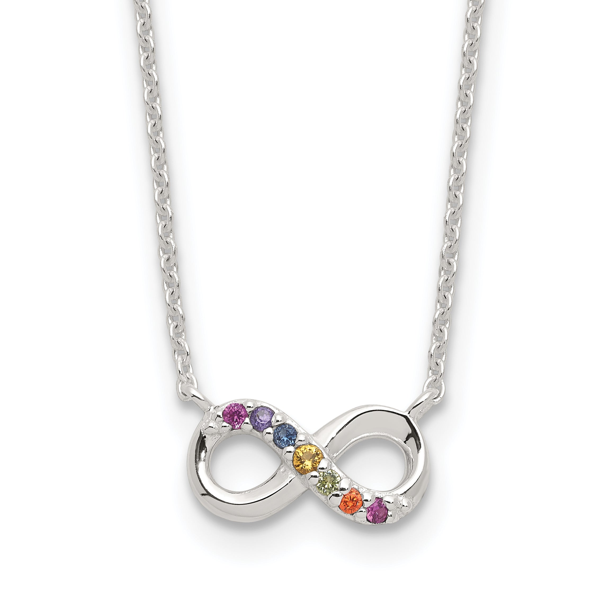 Sterling Silver E-coated Multi Color CZ Infinity 18in With 2 Inch Extention Necklace