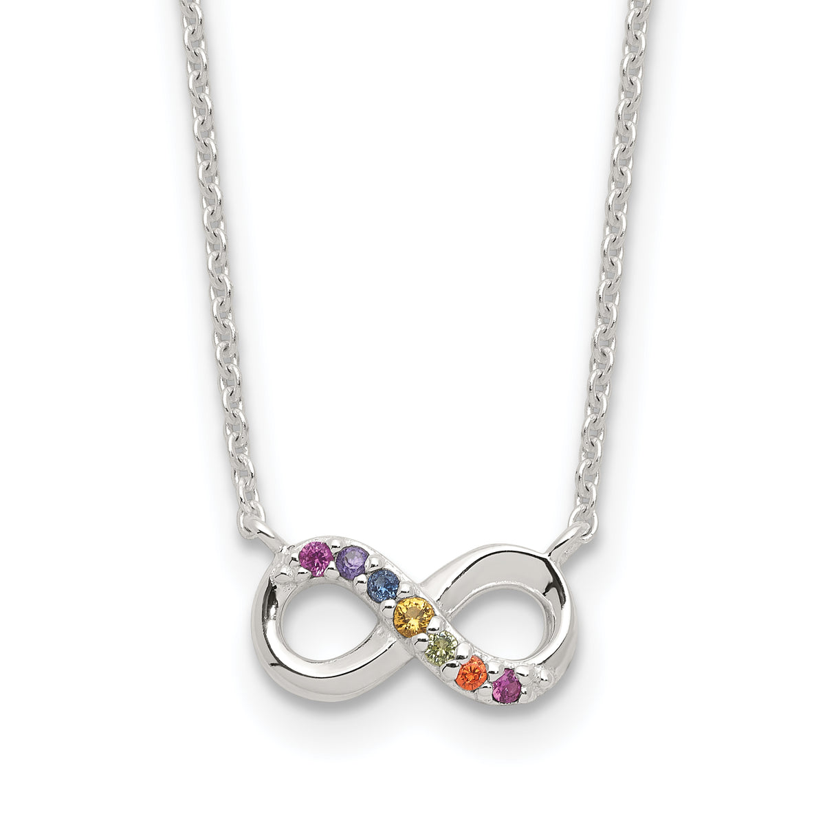 Sterling Silver E-coated Multi Color CZ Infinity 18in With 2 Inch Extention Necklace