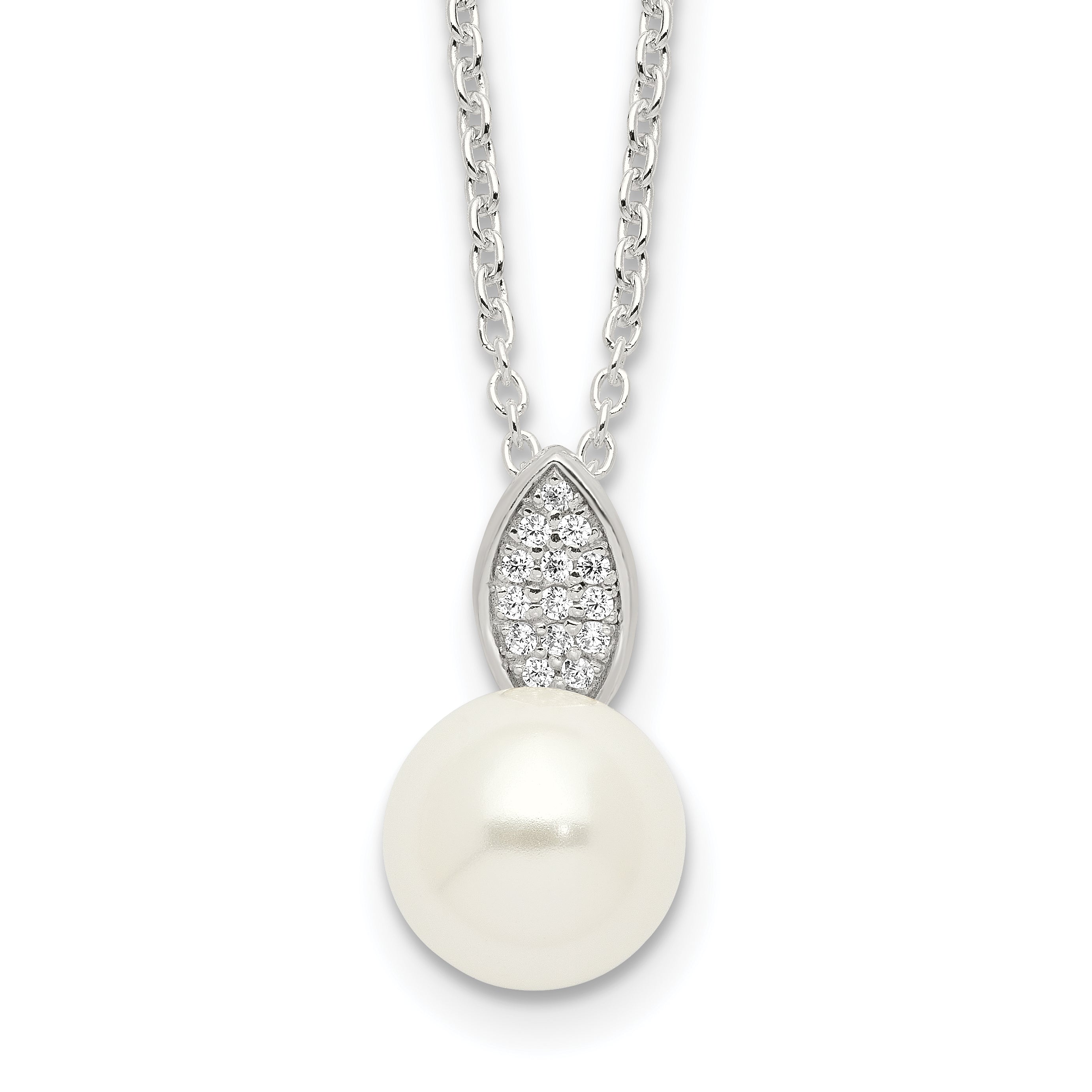 Sterling Silver Polished CZ and Simulated Pearl Necklace Main image