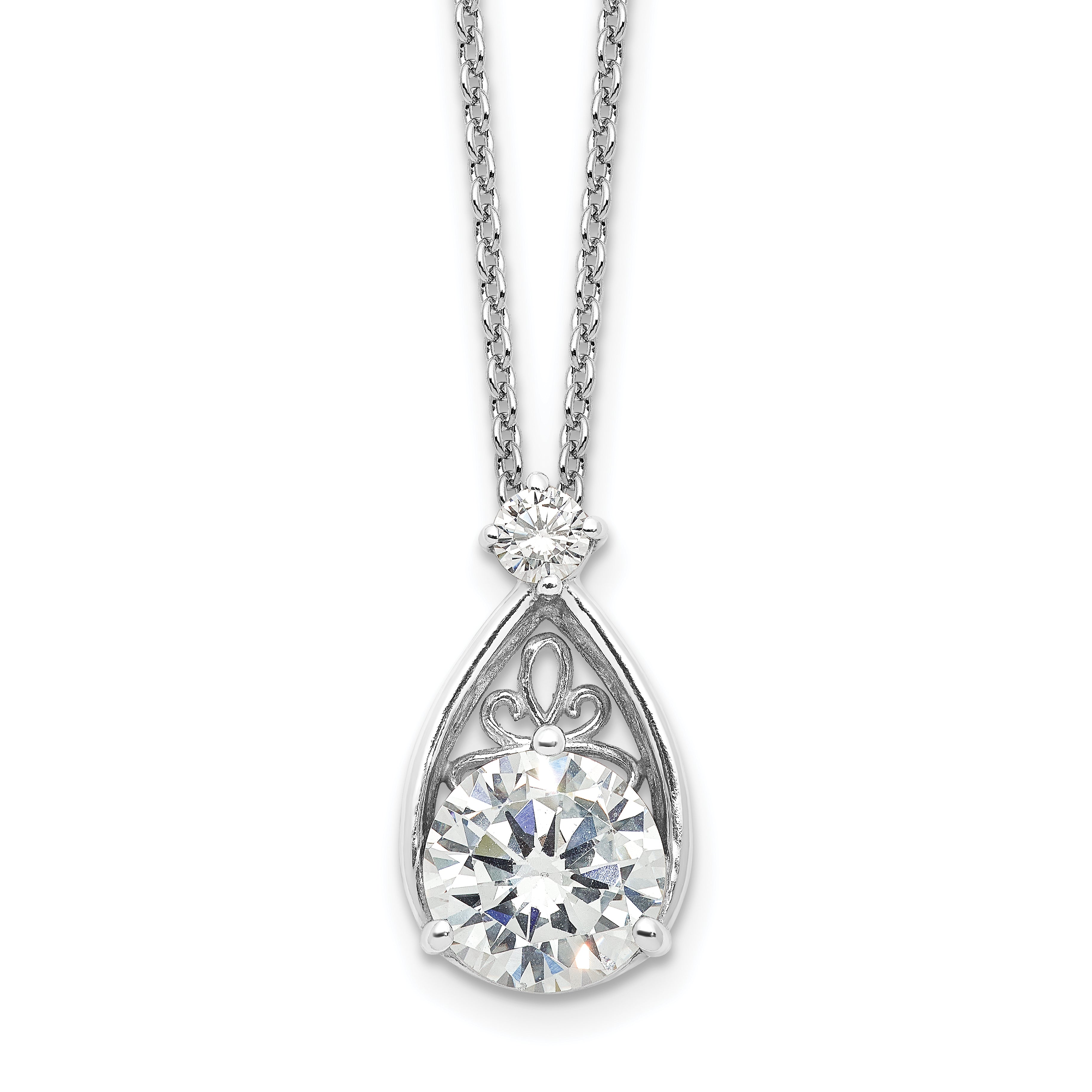 Sterling Silver Rhodium-Rhodium-Plated Teardrop CZ 16in w/2 in Ext Necklace