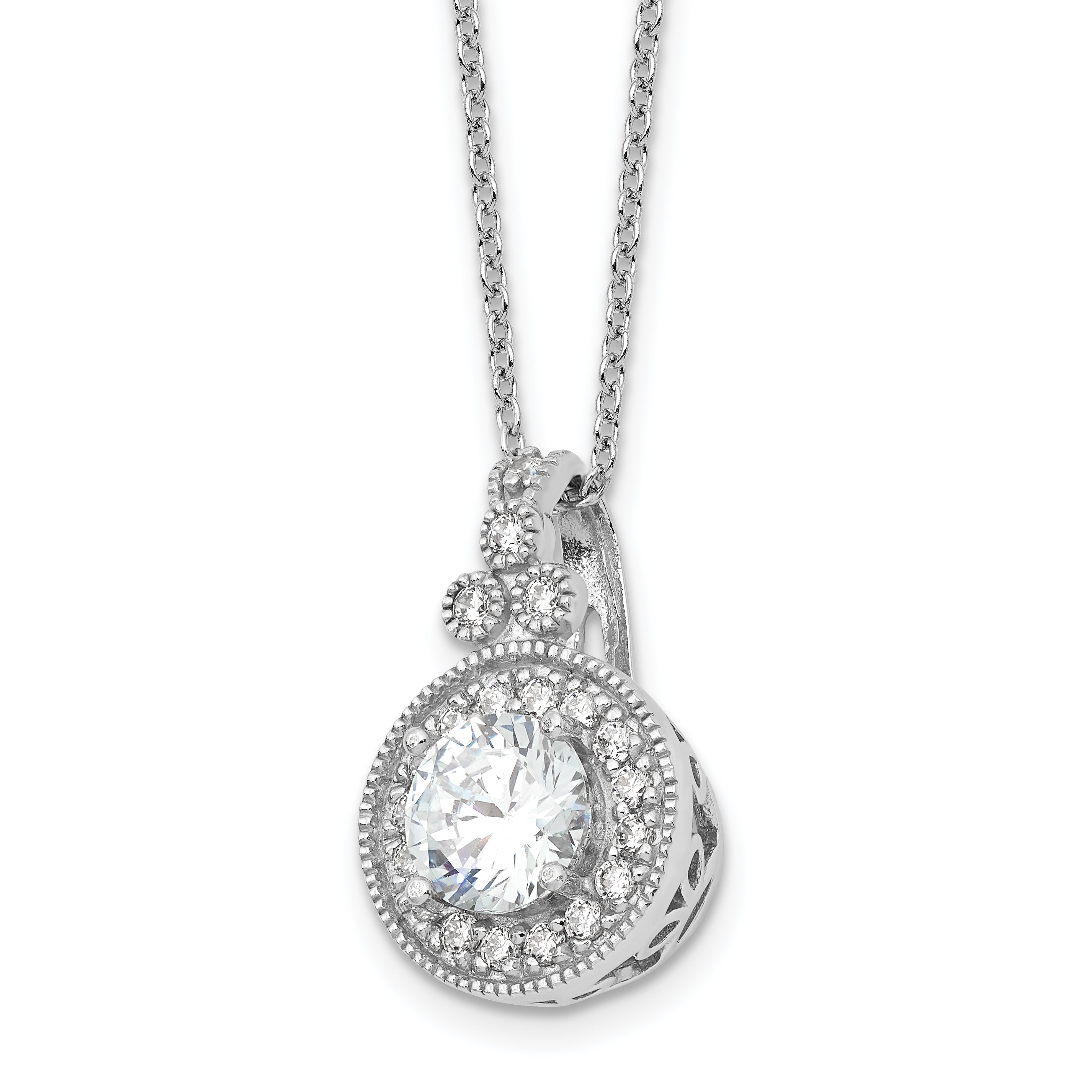 Sterling Silver Rhodium-Rhodium-Plated Fancy Beaded CZ with 2in ext Necklace