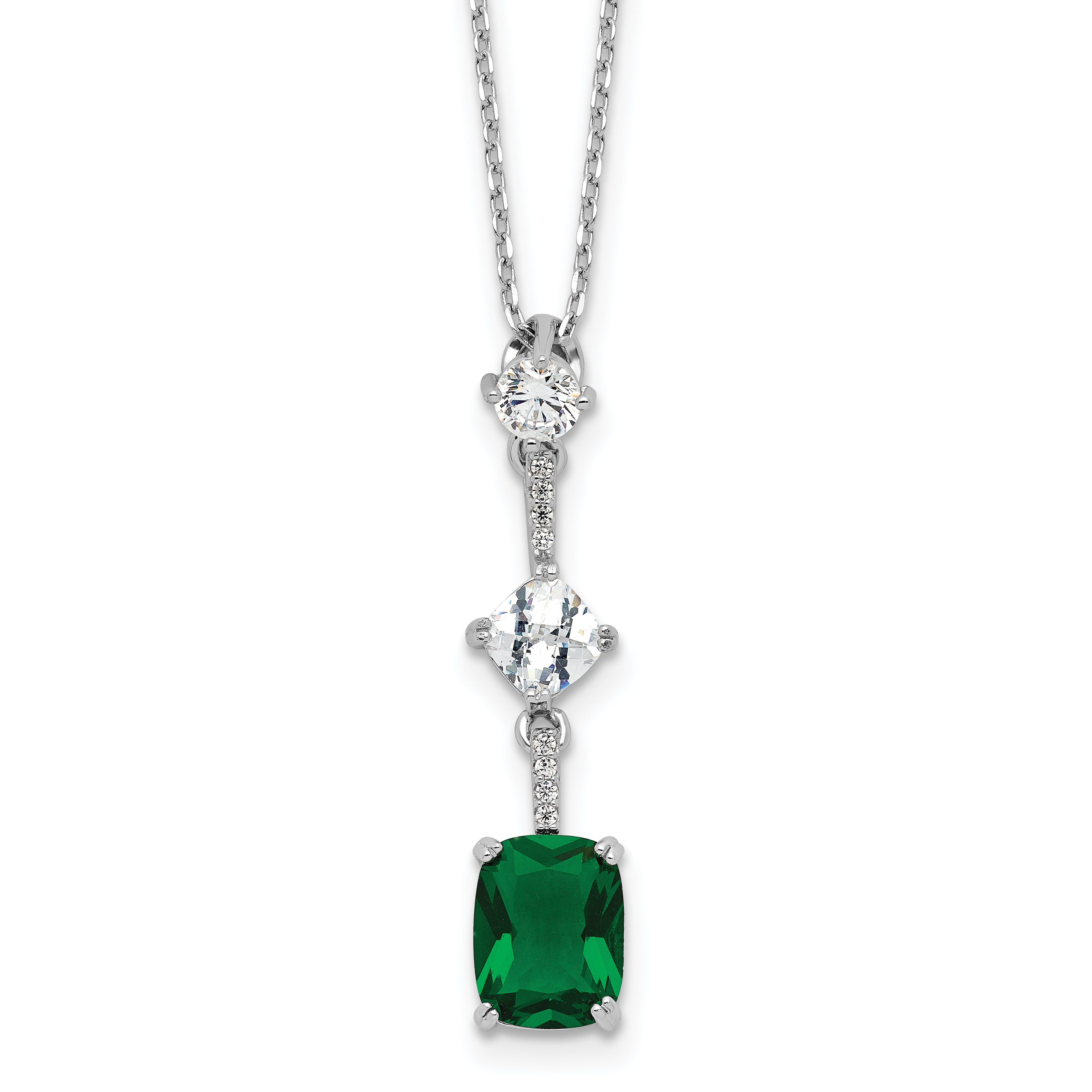 Sterling SilverRhodium-Rhodium-Plated Green and White CZ 16in With 2 Inch Extention Necklace