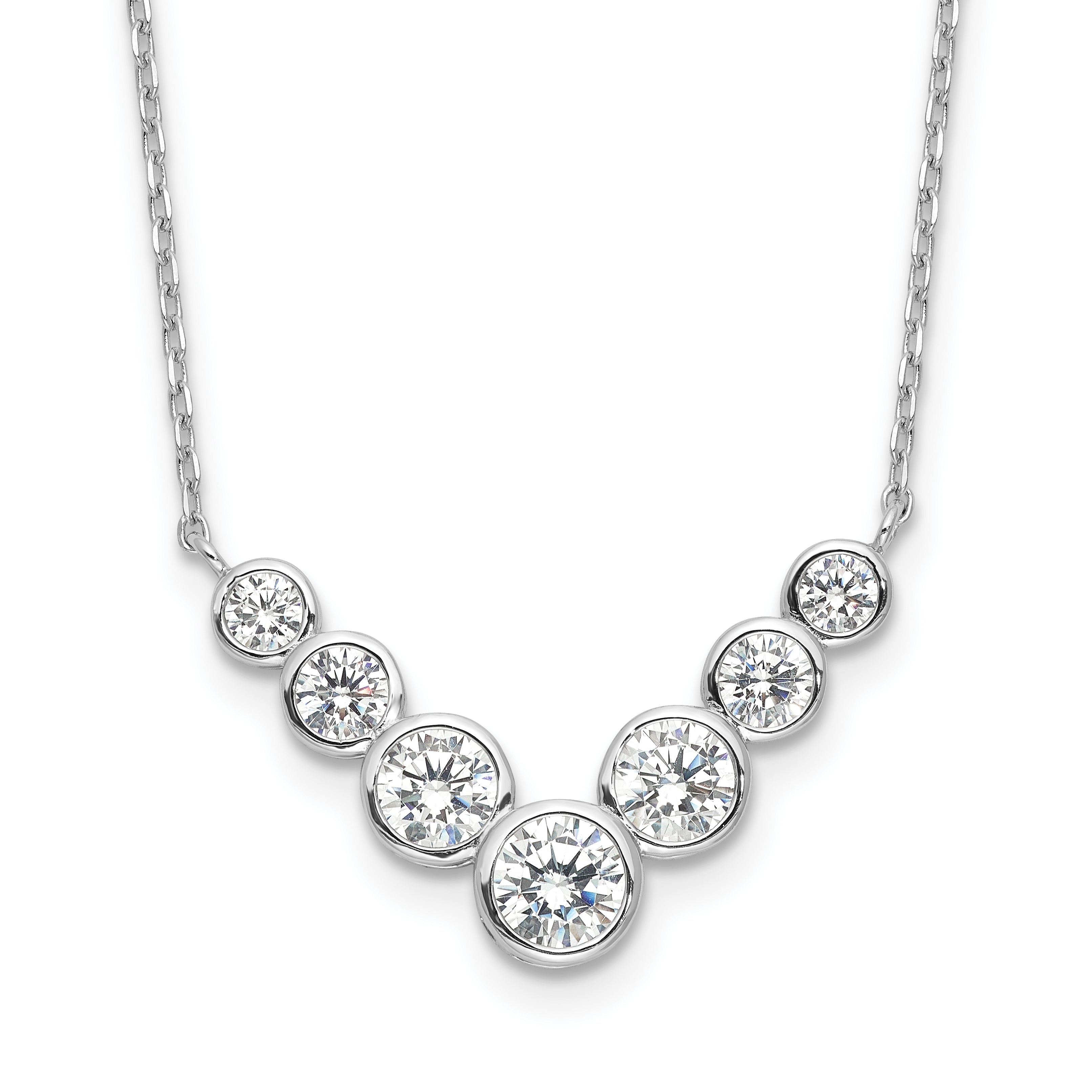 Sterling Silver Rhodium-Rhodium-Plated 7 Bezel Set CZ 18in With 2 Inch Extention. Necklace