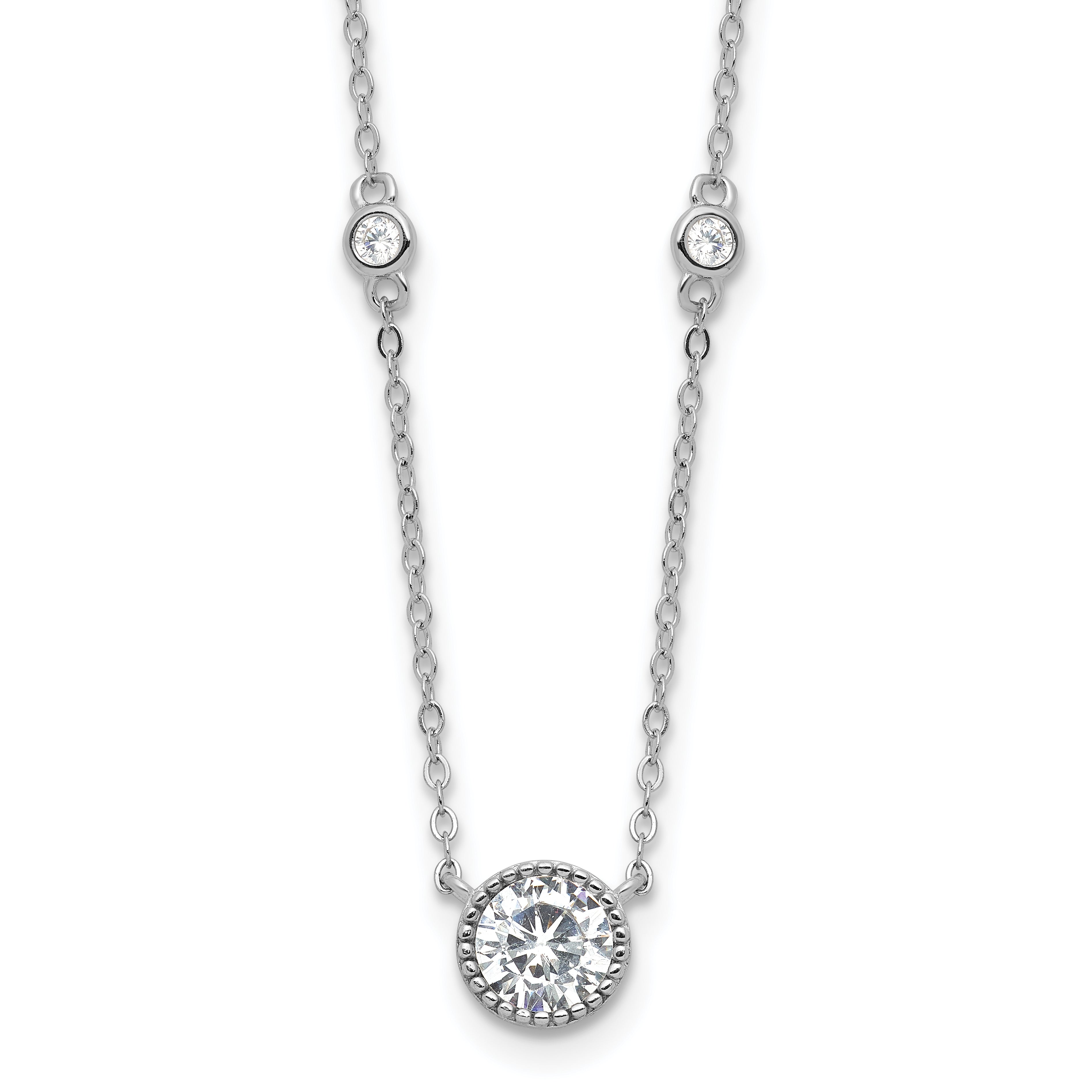 Sterling Silver Rhodium-Rhodium-Plated with CZ Stations 16in With 2 Inch Extention Necklace
