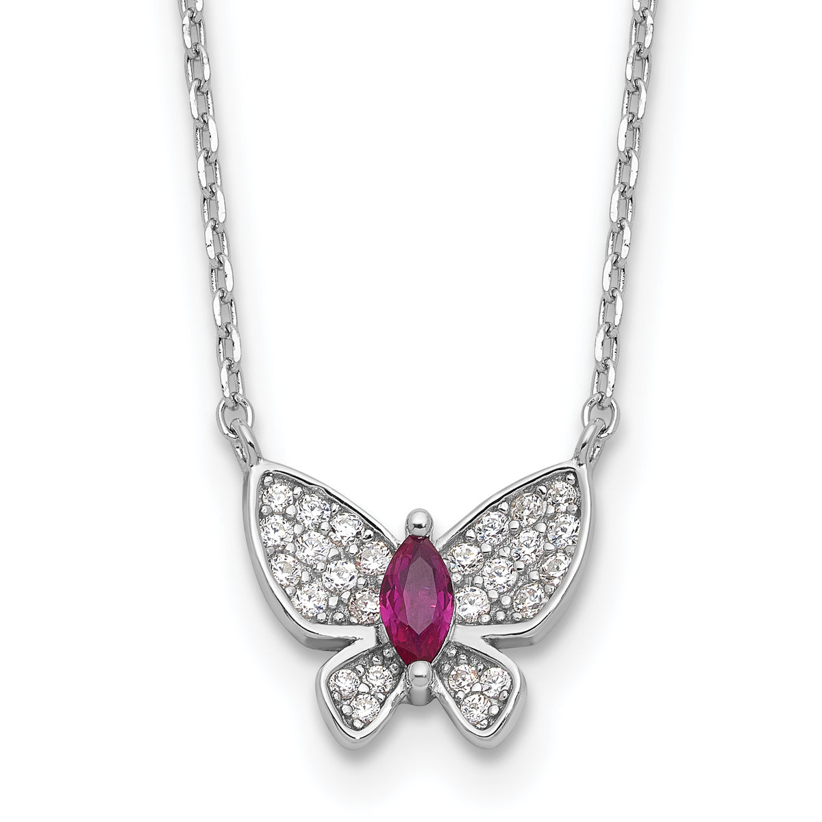 Sterling Silver Rhodium-Rhodium-Plated Red White CZ Butterfly With 2 Inch Extention Necklace