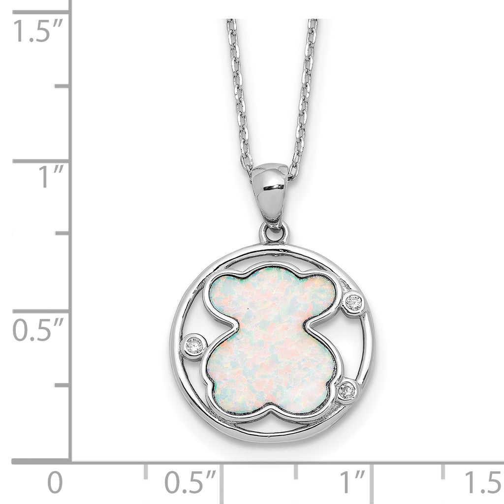Sterling Silver RH-plated CZ Cr Opal Inlay Bear 16in With 2in ext Necklace