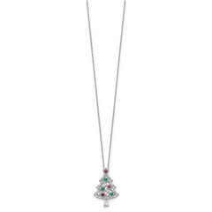 Sterling Silver RH-plated Multi Color CZ Christmas Tree With 2in ext Necklace