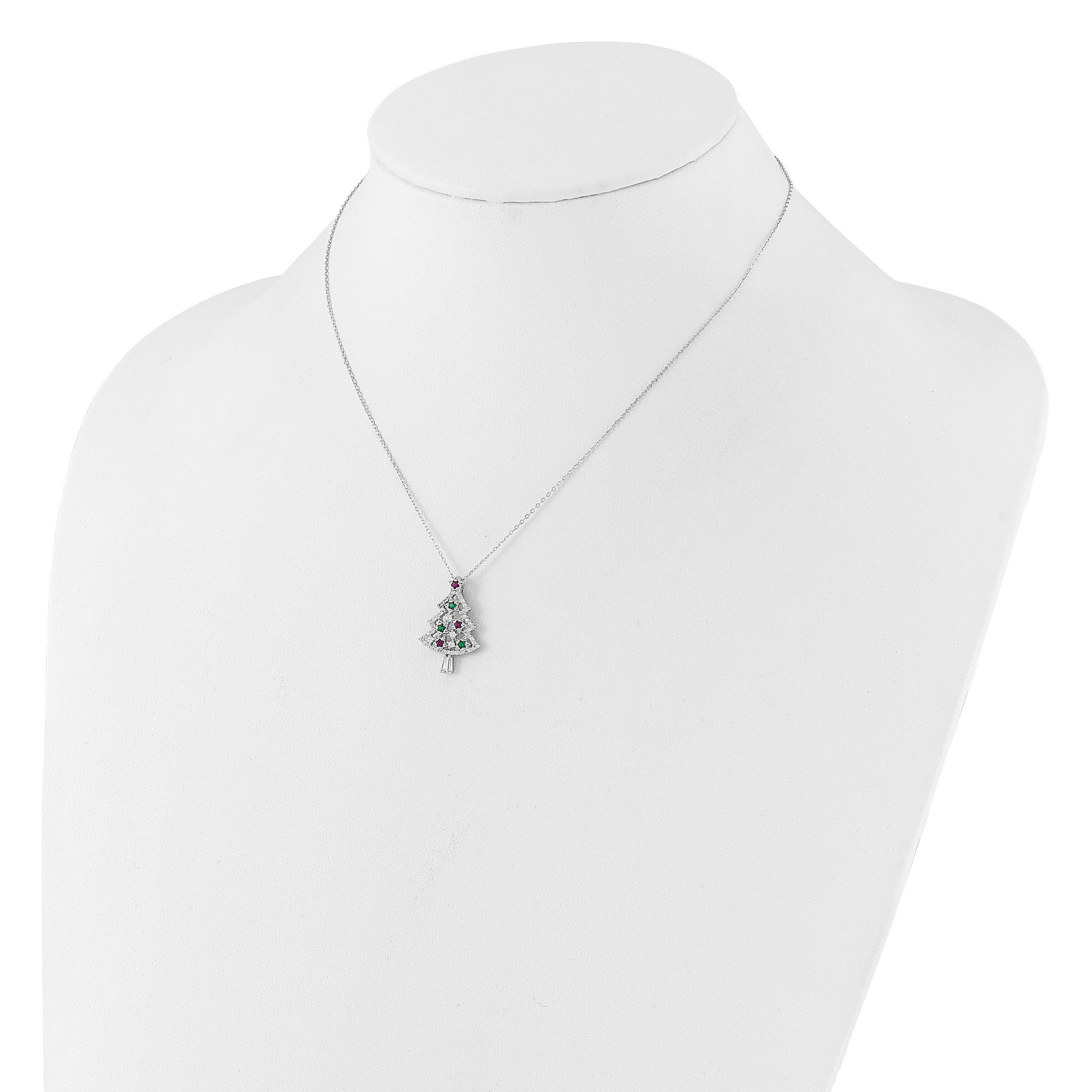 Sterling Silver RH-plated Multi Color CZ Christmas Tree With 2in ext Necklace