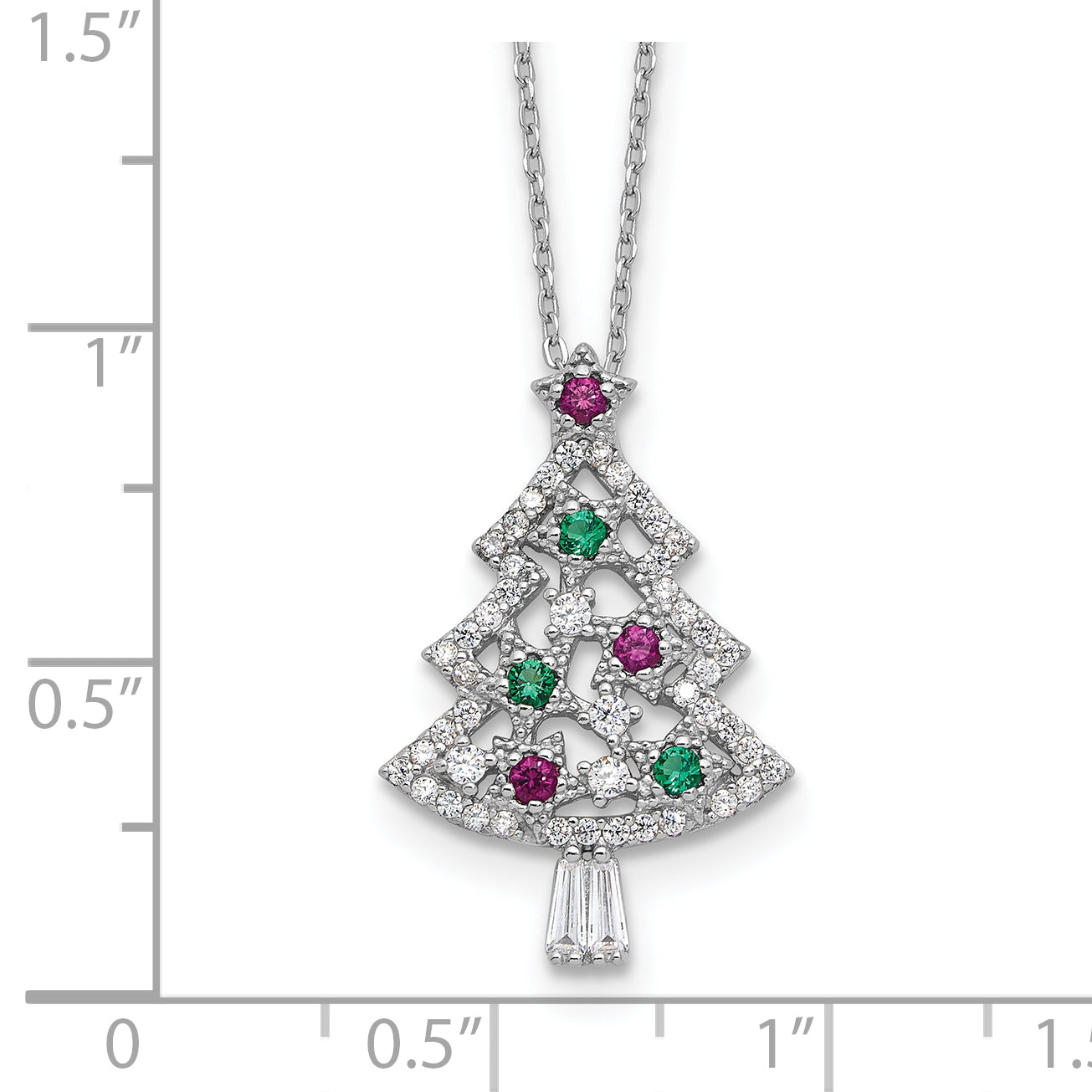 Sterling Silver RH-plated Multi Color CZ Christmas Tree With 2in ext Necklace