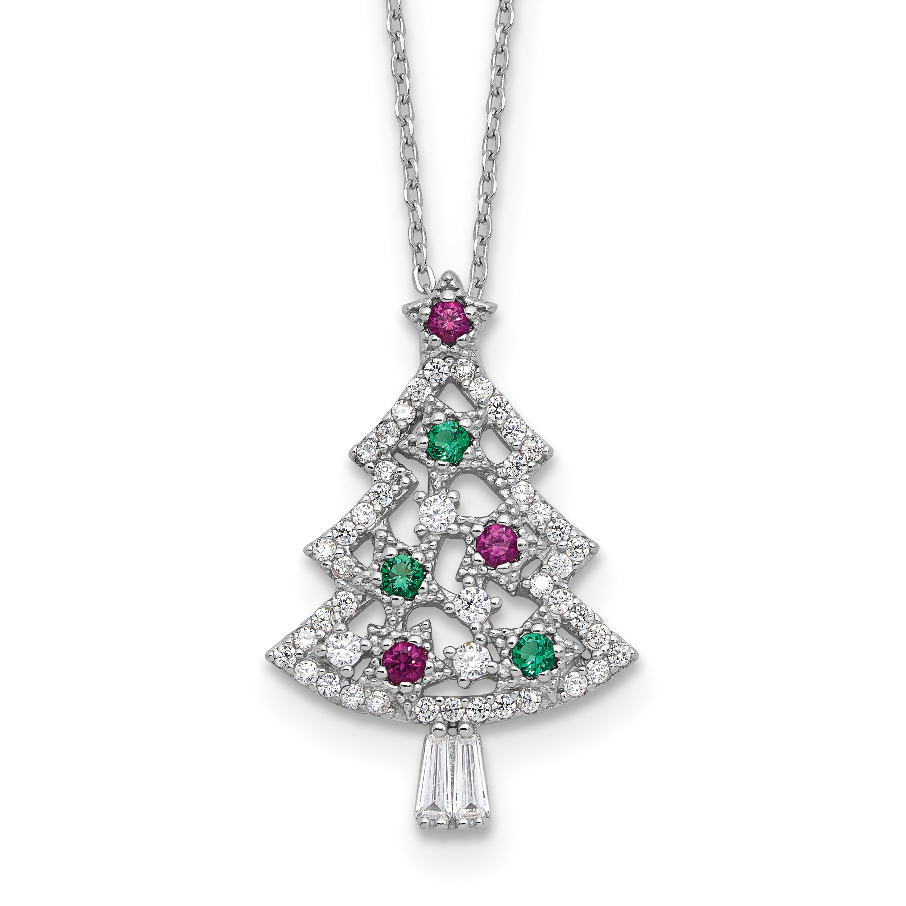 Sterling Silver RH-plated Multi Color CZ Christmas Tree With 2in ext Necklace