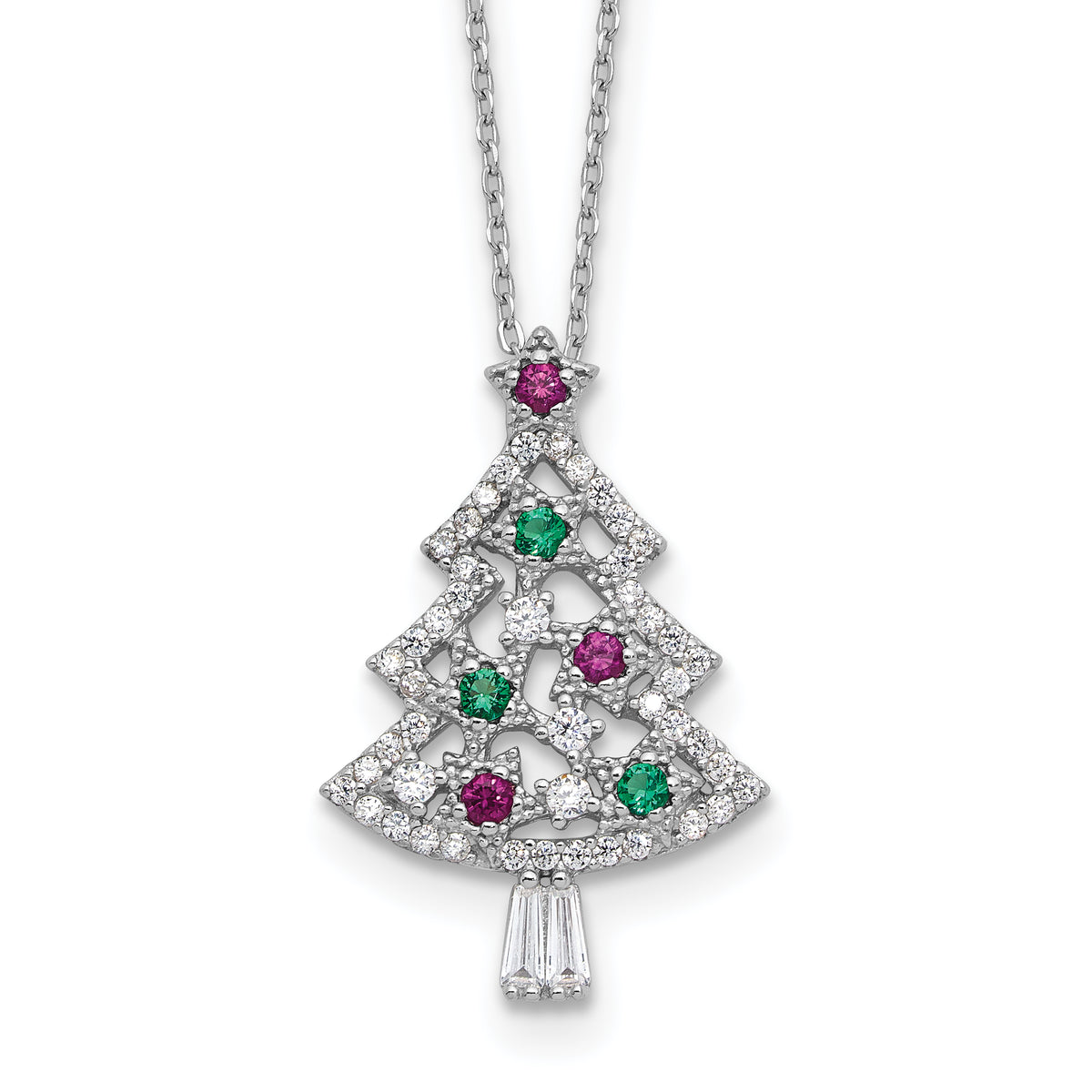 Sterling Silver RH-plated Multi Color CZ Christmas Tree With 2in ext Necklace