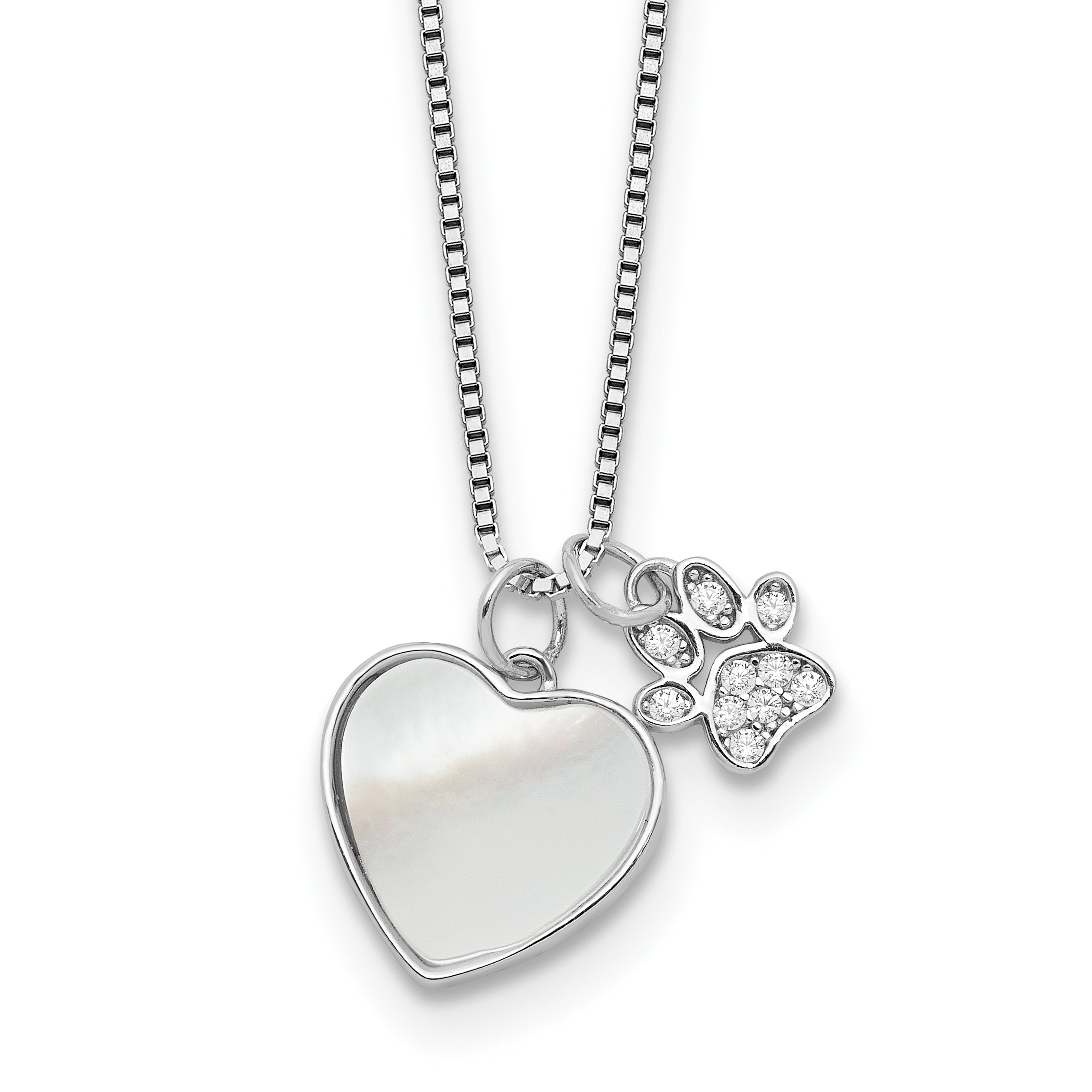 Sterling Silver Rhodium-Platedod-plated MOP/CZ Paw With 2 Inch Extention Necklace
