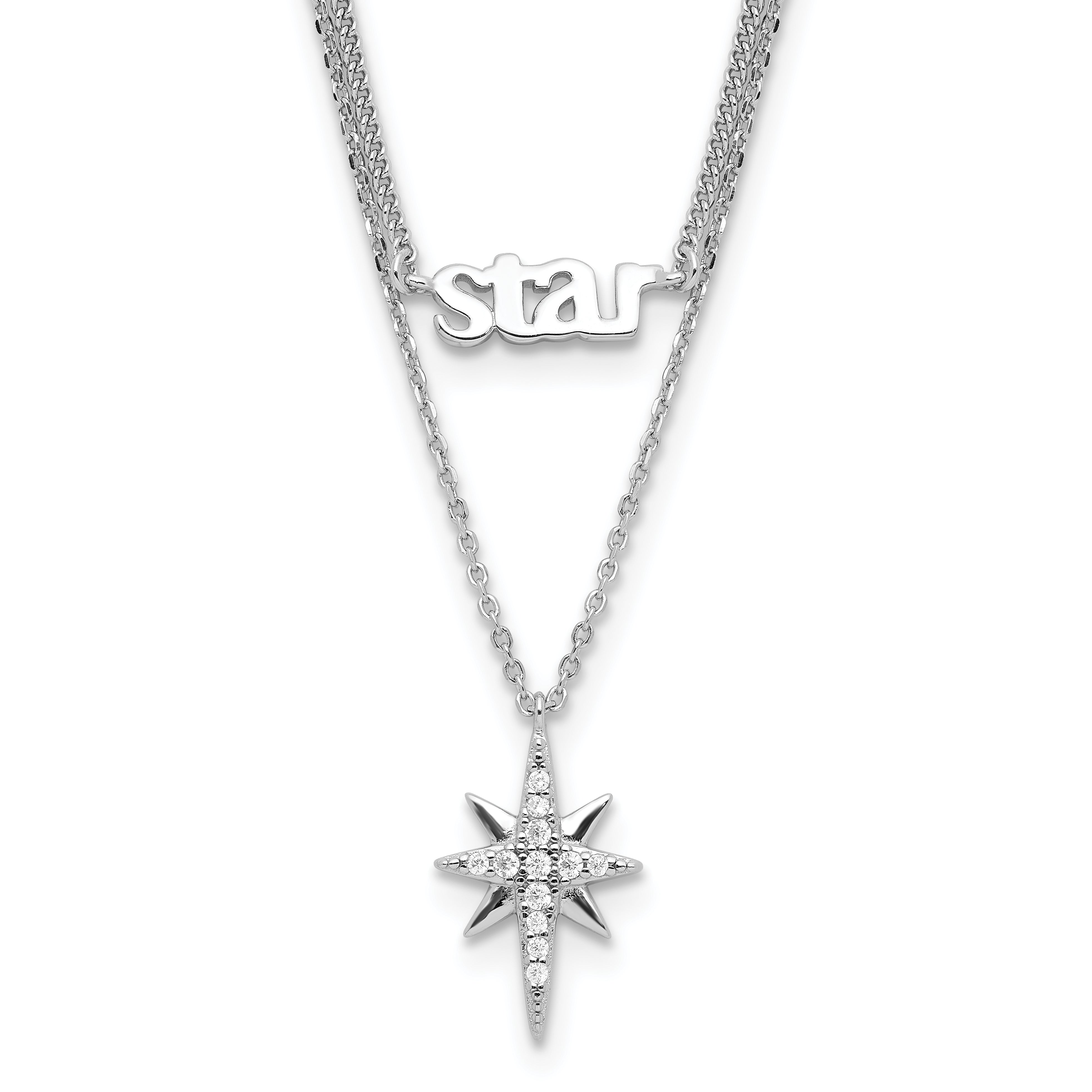 Sterling Silver Rhodium-Platedod-plate STAR CZ With 2 Inch Extention Layer Necklace