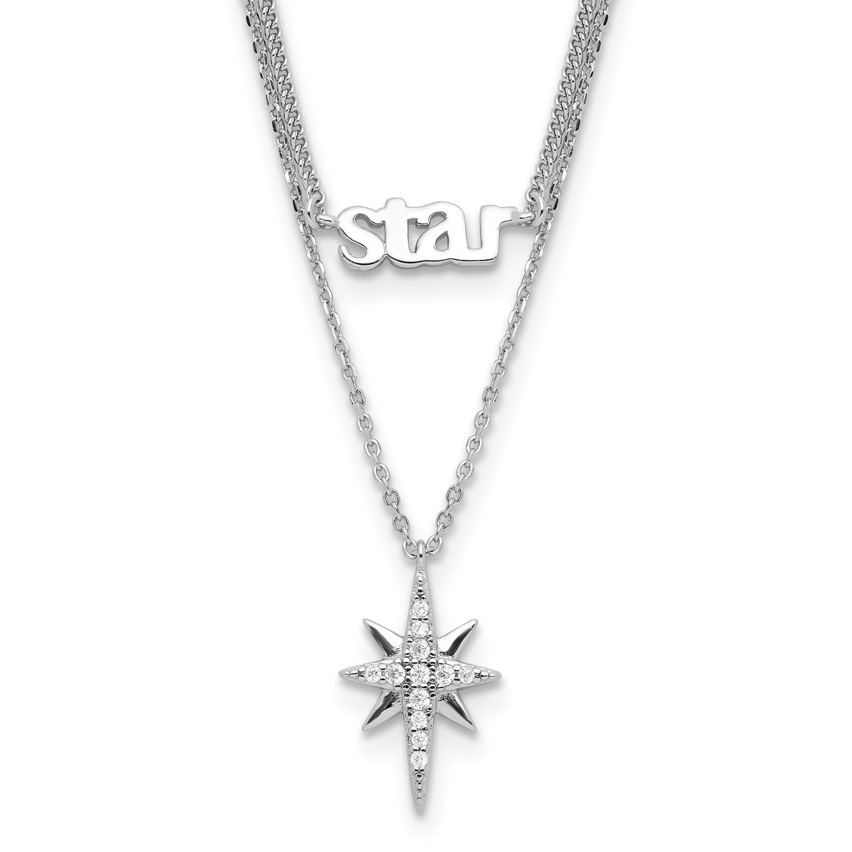 Sterling Silver Rhodium-Platedod-plate STAR CZ With 2 Inch Extention Layer Necklace