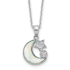 Sterling SilverRhodium-Rhodium-Plated CZ Created Opal Inlay Moon With 2 Inch Extention Necklace