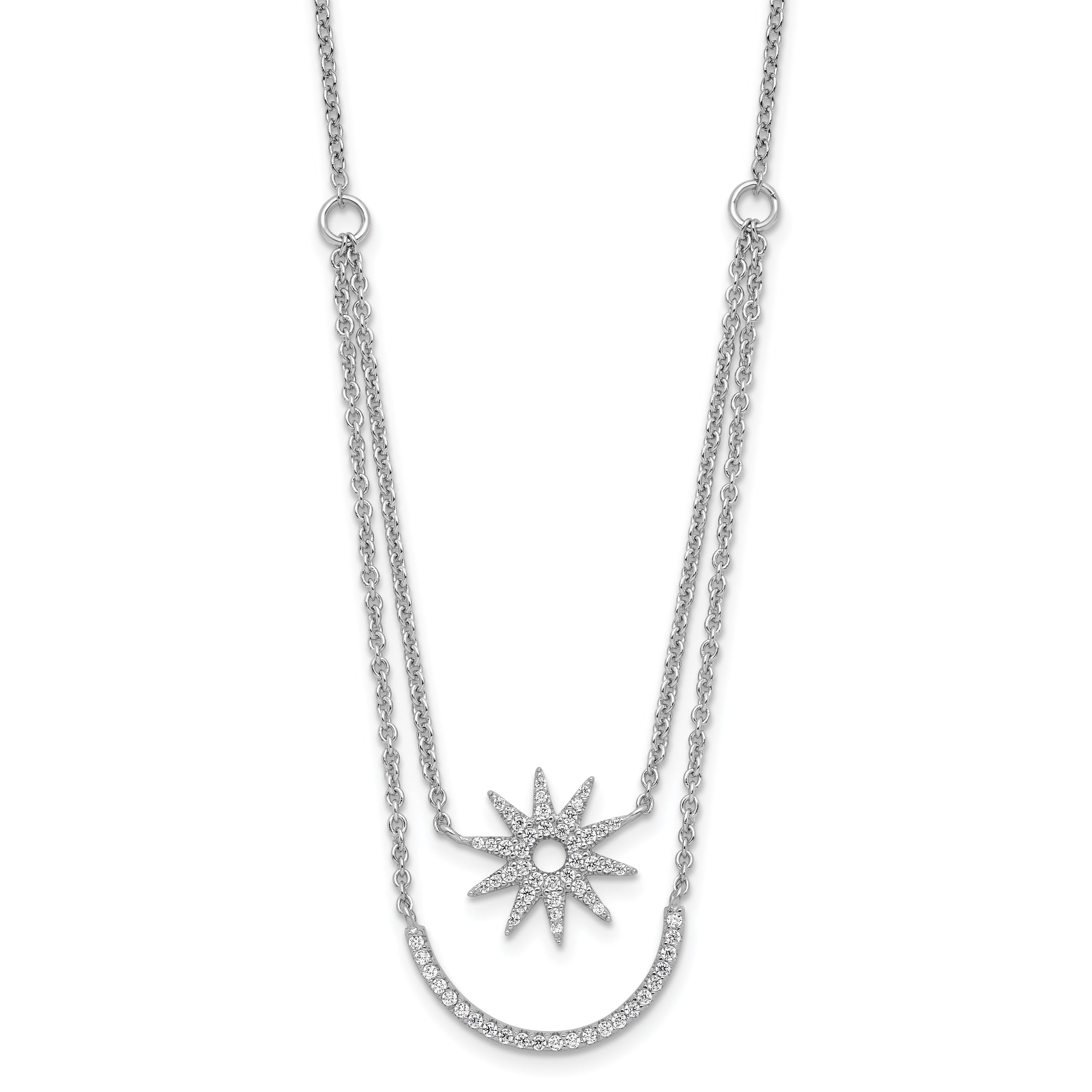 Pure Fire Sterling Silver Rhodium-Rhodium-Plated Two Strand CZ Star 16in 1.5in ext
