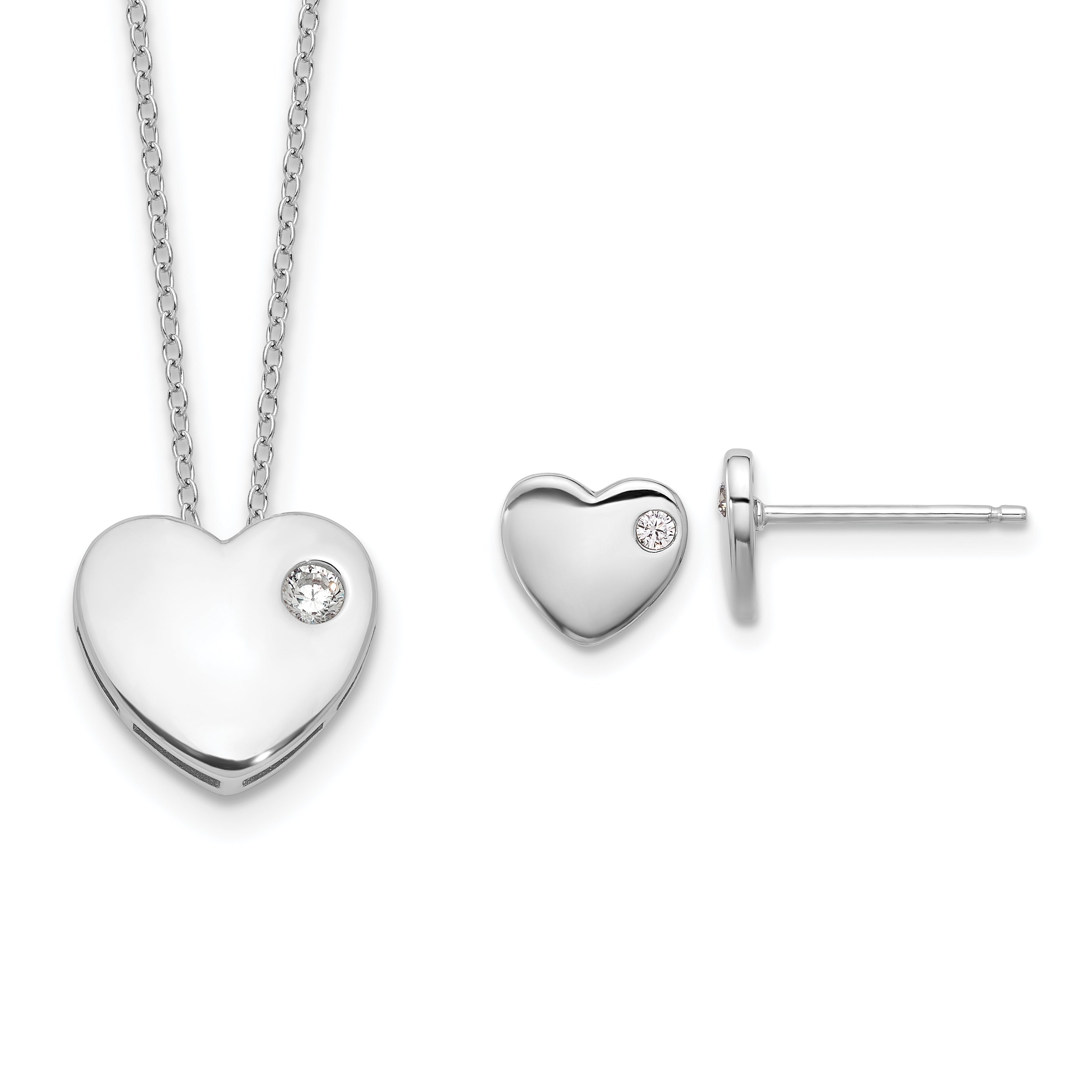 Sterling Silver RH-plated CZ Heart 18in Necklace and Post Earring Set Main image