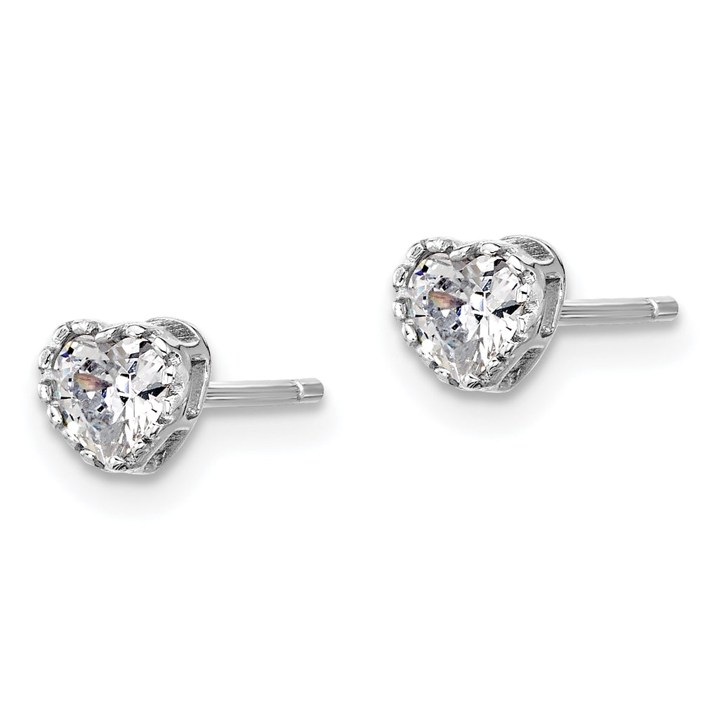 Sterling Silver Rhodium-plated Polished CZ Heart Children's 13in w/2in Ext. Necklace & Stud Earring Set