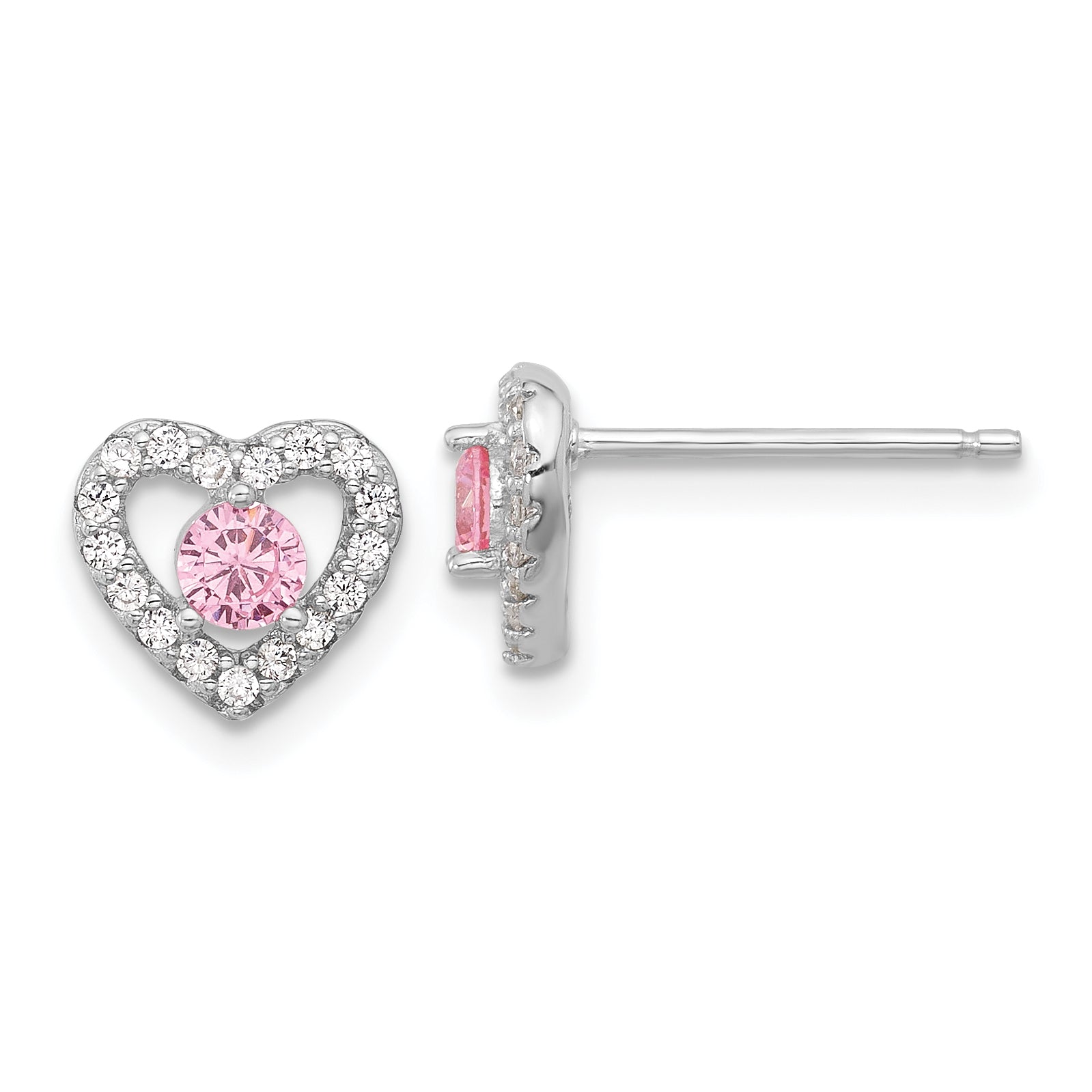 Sterling Silver Rhodium-plated Polished Pink & White CZ Heart Children's 10in w/2in Ext. Necklace & Post Earring Set Secondary image