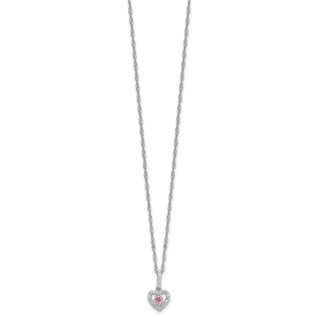 Sterling Silver Rhodium-plated Polished Pink & White CZ Heart Children's 10in w/2in Ext. Necklace & Post Earring Set