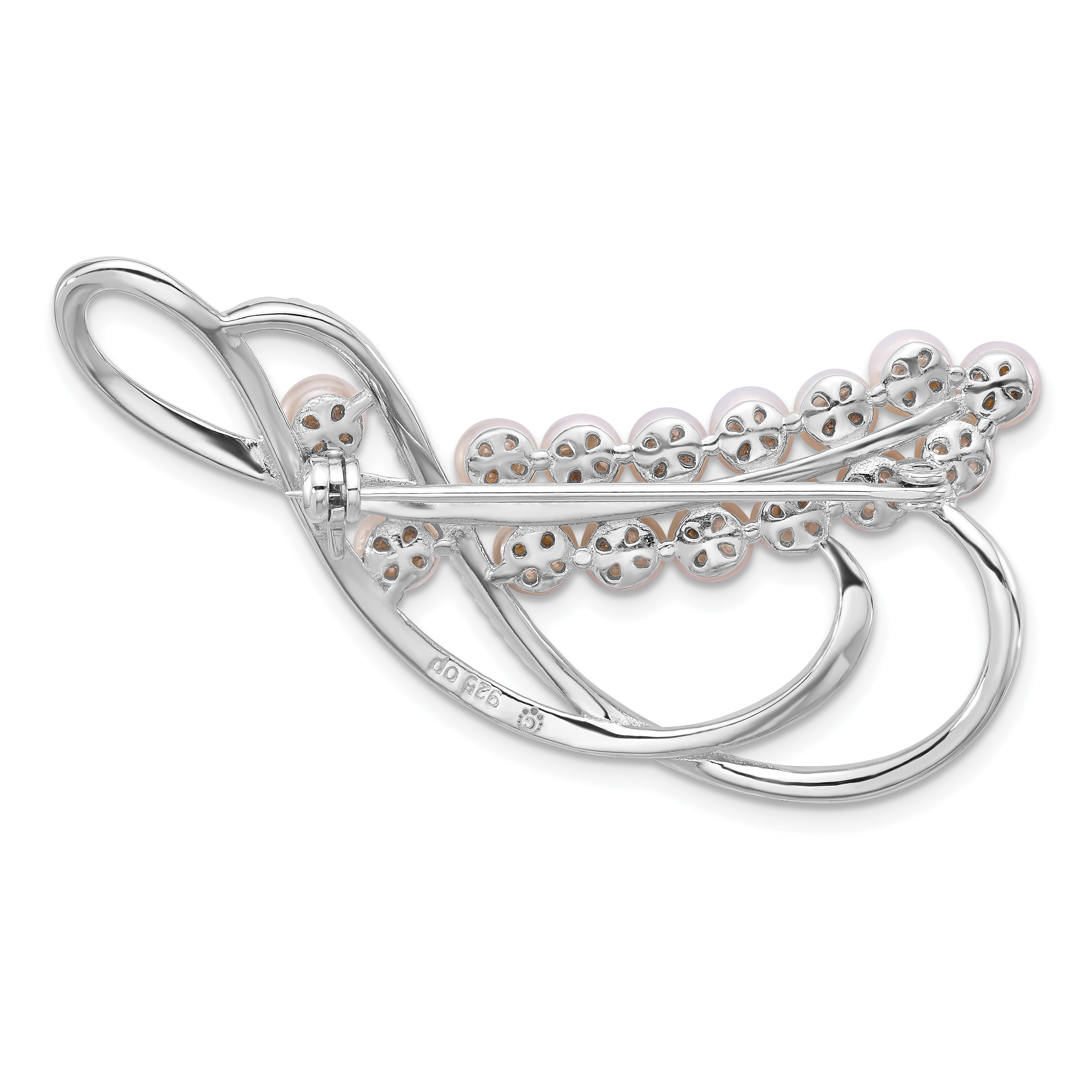 Sterling Silver Rhodium-plated 4-5mm White Round Freshwater Cultured Pearl and CZ Pin