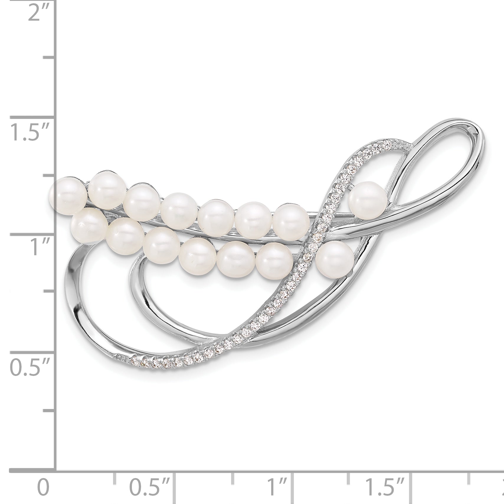 Sterling Silver Rhodium-plated 4-5mm White Round Freshwater Cultured Pearl and CZ Pin