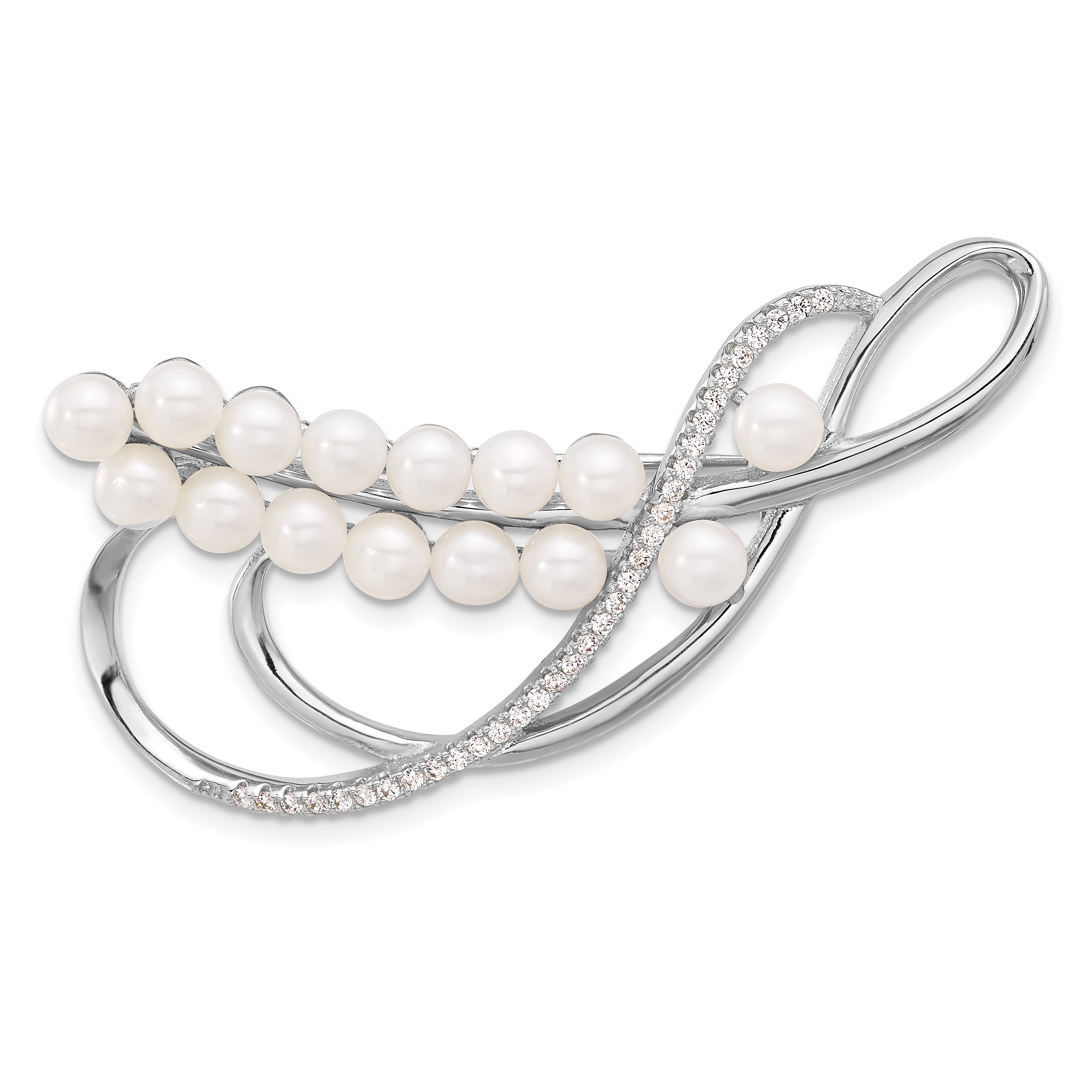 Sterling Silver Rhodium-plated 4-5mm White Round Freshwater Cultured Pearl and CZ Pin Main image