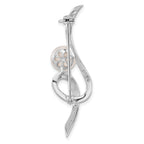 Sterling Silver Rhodium-plated 8-9mm White Button Freshwater Cultured Pearl and CZ Swirl Pin