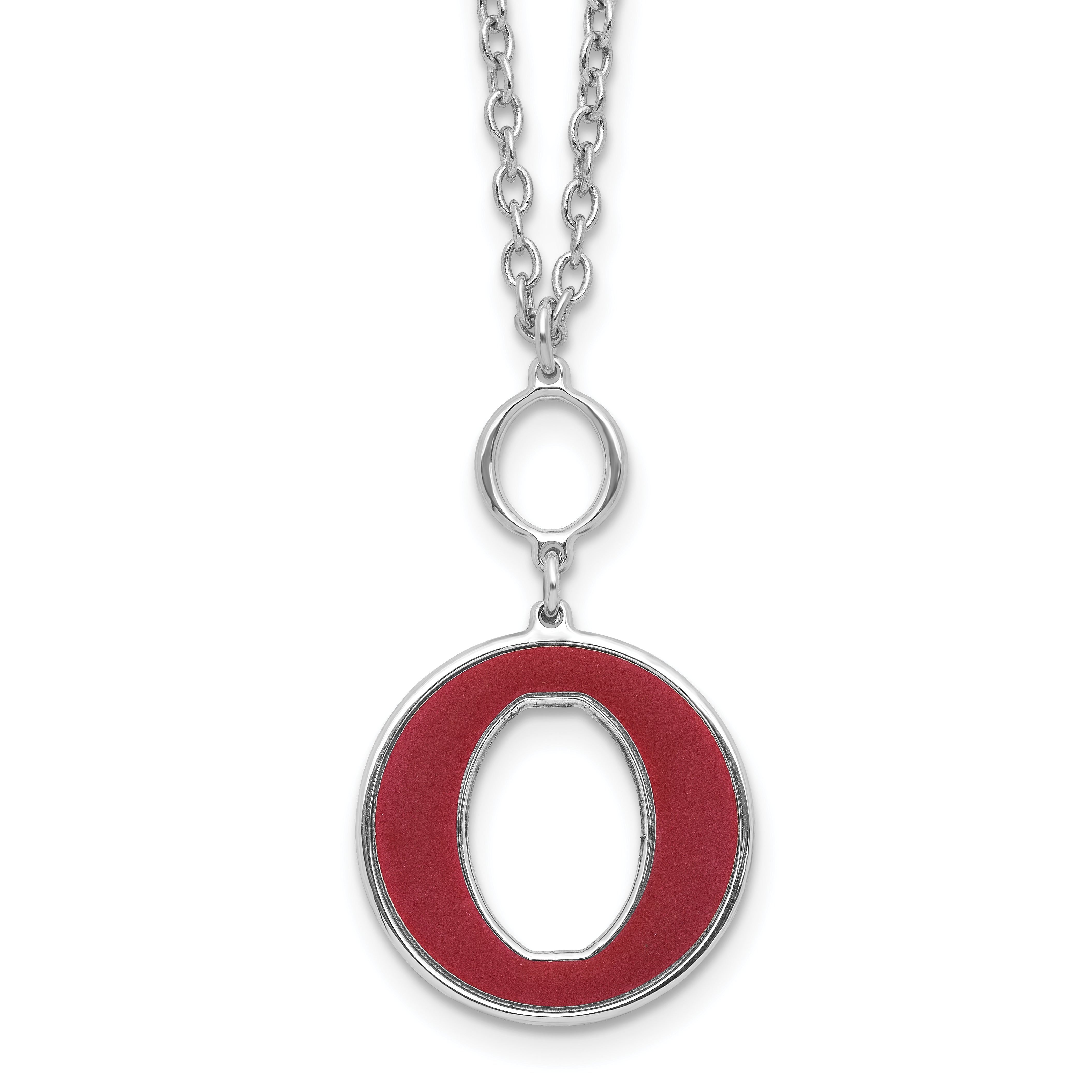 Sterling Silver Rhodium-Rhodium-Plated 18in With 2 Inch Extention Red Enamel Circle Necklace